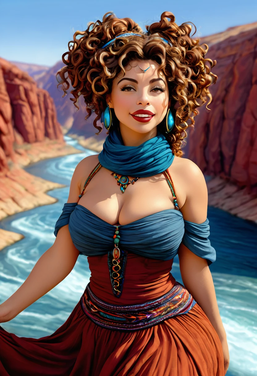 Thirst trap. A beautiful gypsy woman with large thick and wide beautiful lips with the appearance of Masiela Lusha, thick hips, thin waist, deep and wide breasts. Hourglass figure, with hair that is coarse, wiry, and tightly curled. It often has a rough texture, feels stiff to the touch, and may be prone to frizz and tangling. curls can be densely packed. Looking at viewer with love. Long southwestern style dress, hoop earing and jewelry. Wearing a traditional gypsy dress with Skirts and scarves billowing in breeze. The Official Art – An Award-Winning Digital Masterpiece In 4K Ultra HD, Extreme Detail And Intricate Realism. This Concept Art Brought To Life By The Hands Of Brian Froud and Thomas Kinkaid In A Stunning 2D Vector Illustration. . massive, perky, perfect spheres, firm, voluptuous, cleavage, full, well shaped pleasing breasts. buxom. Background is a panoramic vista of redrock canyon with a beautiful blue river running through it.