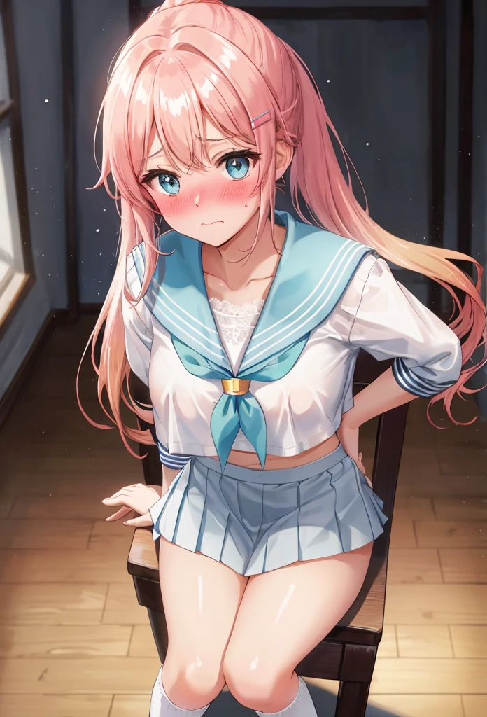 A beautiful girl sitting on a chair showing her panties, she lifts her skirt with her hands and showing them, (presenting panties:1.8), ((Sailor suit tops, Sailor collar, White shirt, pleated mini skirt:1.3), (Knee-high socks:1.3):1.3), panties, (lace light blue panties:1.45), school classroom, Desk and chair in the background, big rounds breasts, (Beautiful and big breasts:1.3), dark brown hair, swept bangs, long hair, wavy hair, ponytail, expressive hair, shiny hair, hairclip, aqua eyes, (gradient eyes:1.3), glowing eyes, pupils sparkling, blush, bright pupils, glossy lips, embarrassed, (Very embarrassed look:1.5), slim waist, shapely legs, beautiful thighs, whole body, Angle from the front, from above, POV, anime CG style, high definition, natural light, high detail, anime, dithering, image fill, perspective, Wide-Angle, f/1.8, 85mm, Sony FE GM, 8k, 8k wallpaper, super detail, highly detailed CG, UHD, retina, masterpiece, accurate, anatomically correct, textured skin, highres, best quality:1.3, 16k