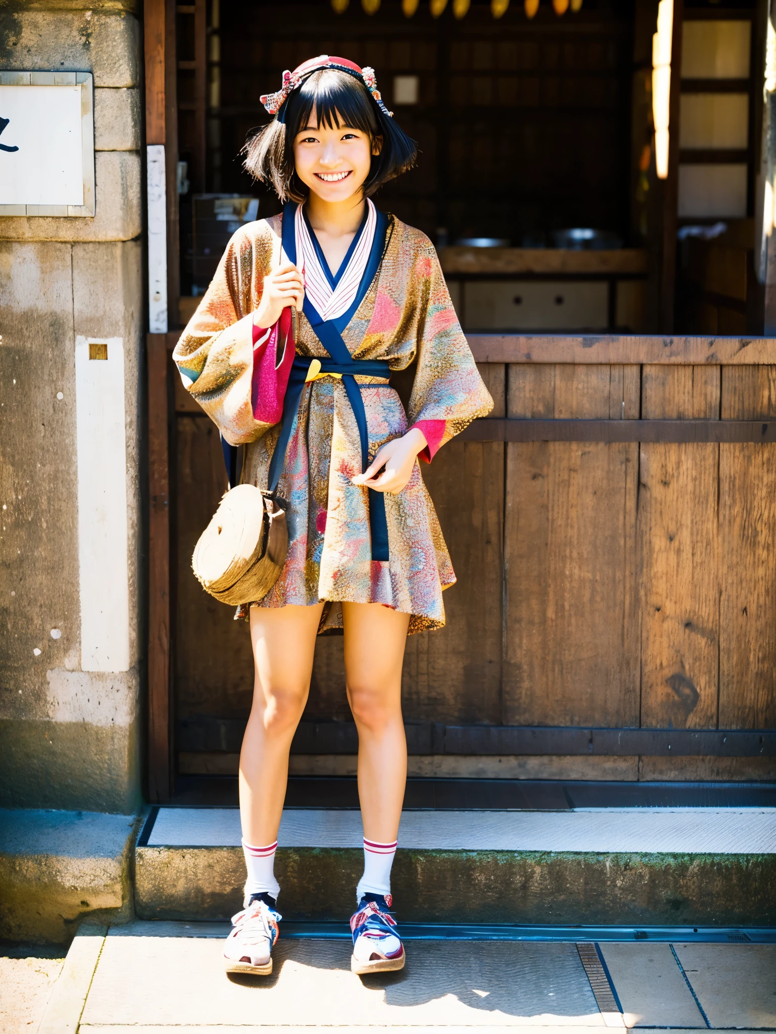 A very cute face like an idol、A young-looking 20-year-old woman、A kind smile、Wearing a Japan yukata、((Faithful Yukata Appearance))、(Full body)