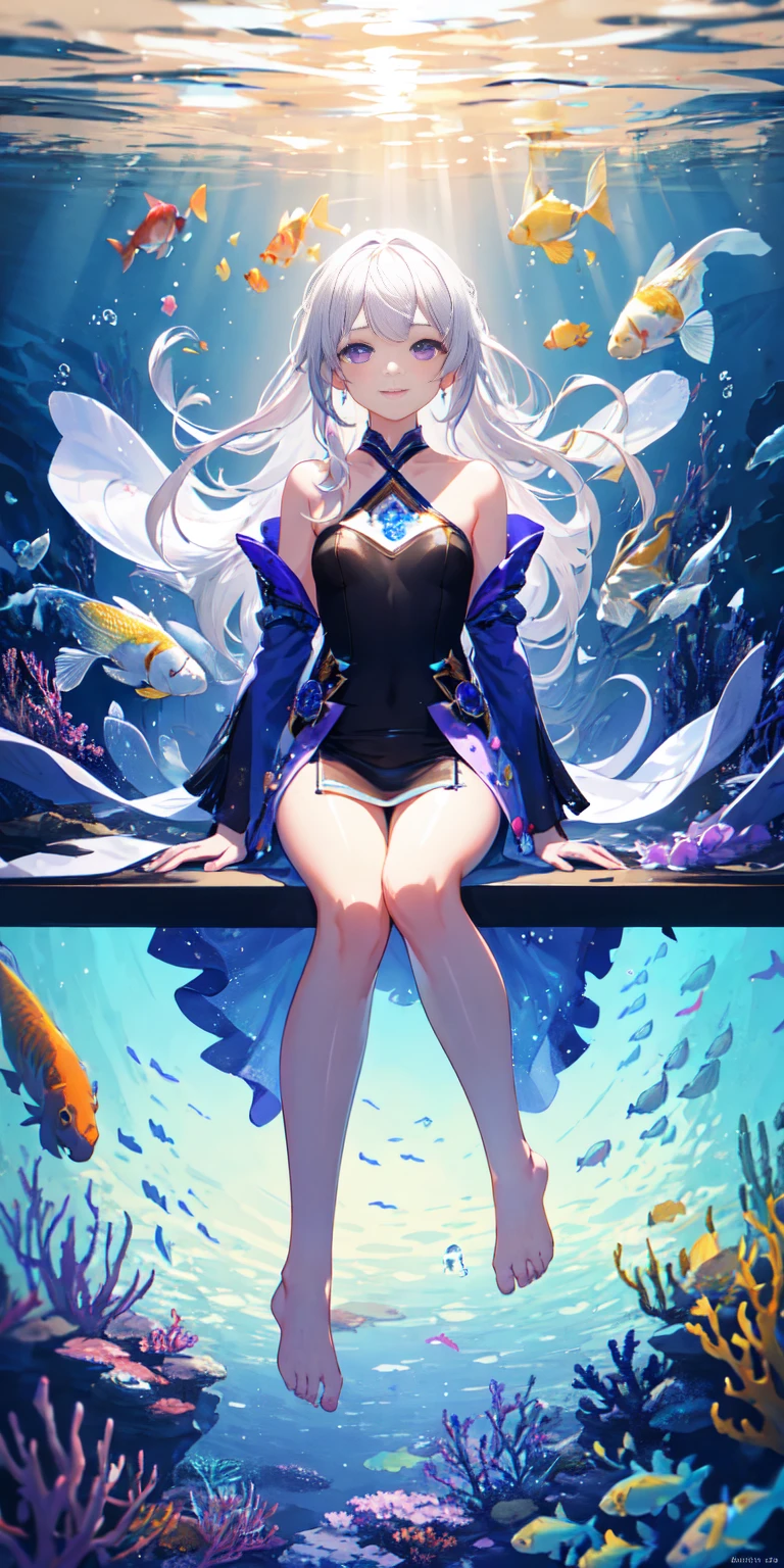 [(Transparent background:1.5)::5],(((masterpiece))),(((best quality))),(((extremely detailed))),illustration, 1girl,solo,mysterious,vivid color,shiny, underwater transparent sealed hemispherical glass dome, (white hair),(purple eyes), full body,barefoot,long hair tranquil nature, koi,Underwater, Dome,close up,Dynamic actions,Lens perspective,(((Box composition))),sit cross-legged and lean against the bookshel, volumetric lighting, multi-color eyes, detailed eyes, hyper detailed,light smile, highly detailed, beautiful, small details, ultra detailed, best quality, intricate, 4k, 8k, trending on artstation, good anatomy, beautiful lighting, award-winning,