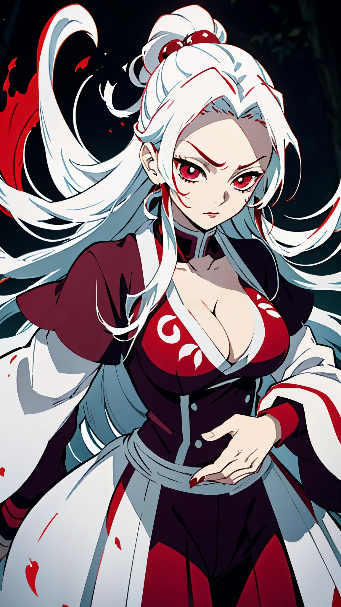 Kimetsu no Yaiba style, 1 , girl, red eyes, a hashira, pretty, red and white hair, white hair with red tips, red and white ombre hair, stylized hair, long hair, annoyed expression, noble, Pillar Demon Slayer, holding a sword, wearing black demon slayer uniform, black clothing, holding a red katana, large breastbreasts, owing, cleava