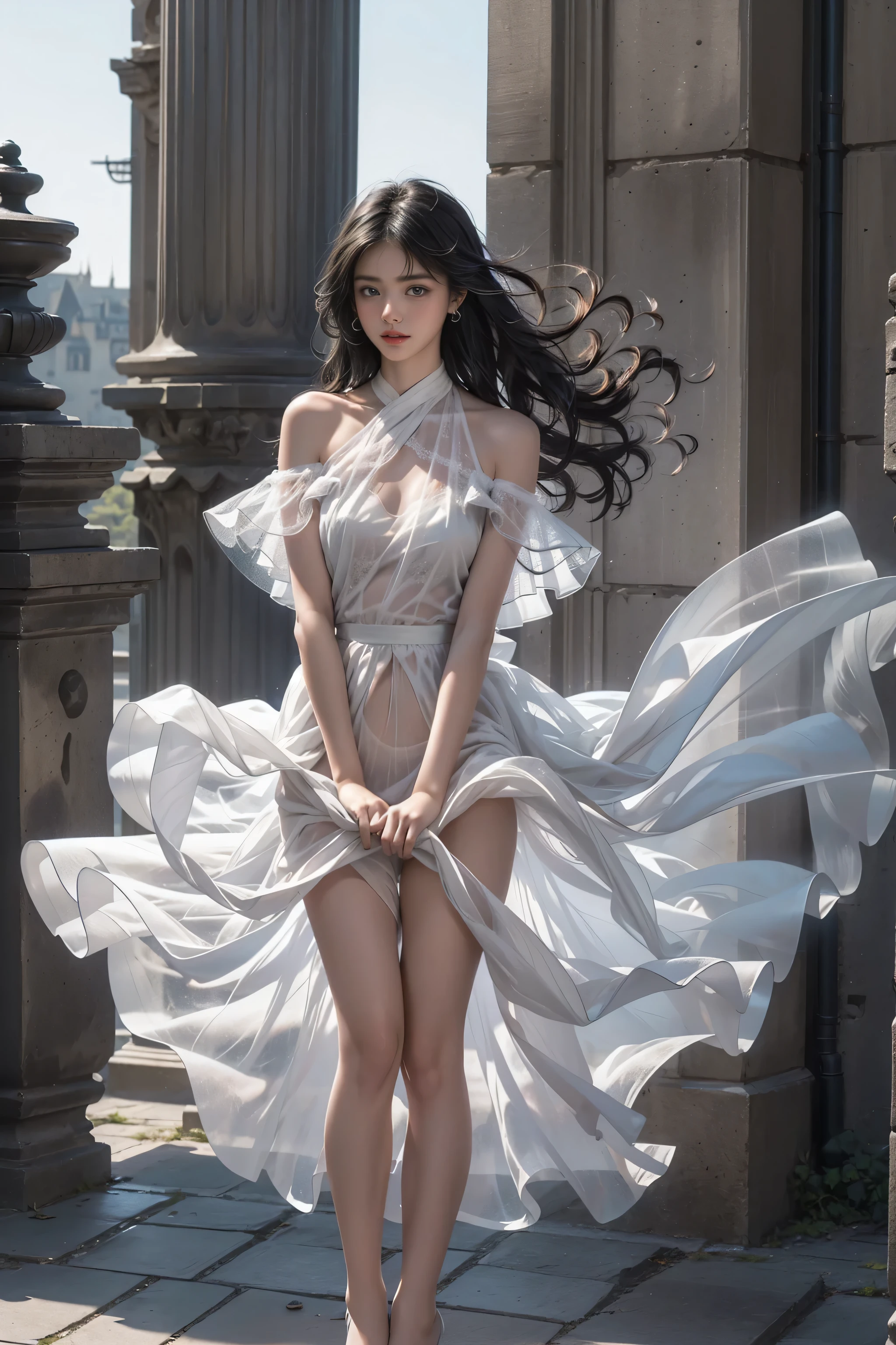 ((Girl standing in front of the wall of an old castle))、Fluorescent color、1 girl、Looking to the side、Beautiful face、Beautiful eyes、(Off the shoulder:1.2)、Upper Body、Shiny Hair、Glowing Skin、 Reduce glare、The proportions of the fingers have been adjusted、Escrow、ass pov、Dynamic Angle、(((Master part)))、(((highest quality)))、(((Super-detailed))) detailed)、(An illustration)、(Detailed light)、(Very delicate and beautiful)、Dramatic_Shadow、Ray_Tracking、reflection、 Ultra-high resolution、((A girl with colorful hair and mesh in her black hair))、 Her hair flutters in the wind、(Large deep blue eyes)、Black Haired Woman、 Sparkling Butterfly、Black-haired woman、Points of light around the woman、Magical Aura、Green dot、Aura About Natural、超Magical AuraBlack-haired woman,((Semi-transparent white open shoulder dress:1.3))、(No sleeve)、((My skirt is flying up in the wind)),((An old European castle is hazy in the distance)),((White panties are visible)),
