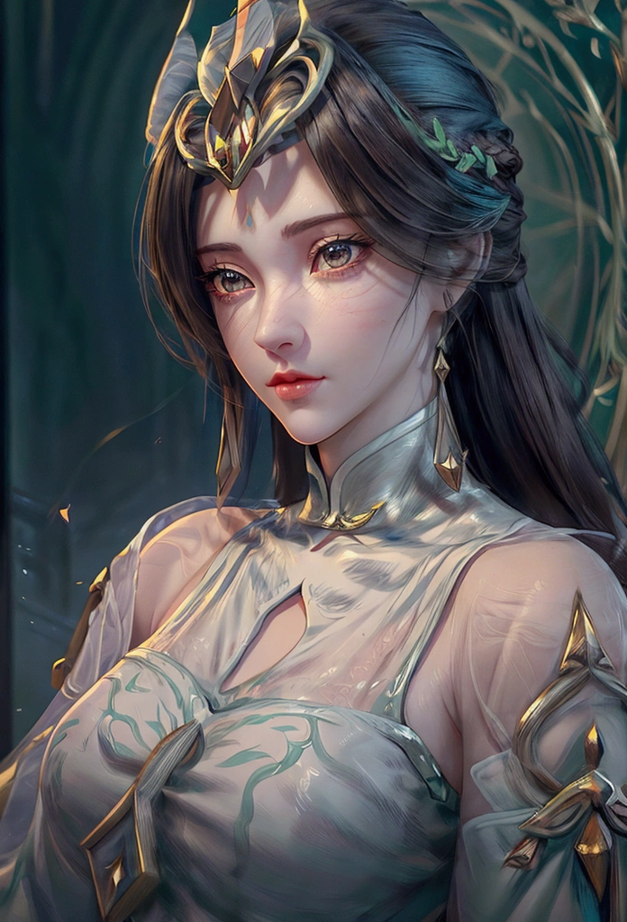 a beautiful girl with long brown hair, holding her chin and gazing pensively, detailed illustration, elegant fashion, cinematic lighting, vivid colors, ornate background, highly detailed, masterpiece, (best quality,4k,8k,highres,masterpiece:1.2),ultra-detailed,(realistic,photorealistic,photo-realistic:1.37),studio lighting,ultra-fine painting,sharp focus,physically-based rendering,extreme detail description,professional,vivid colors,bokeh,illustration,digital art,elegant,female portrait,chiaroscuro,dramatic lighting