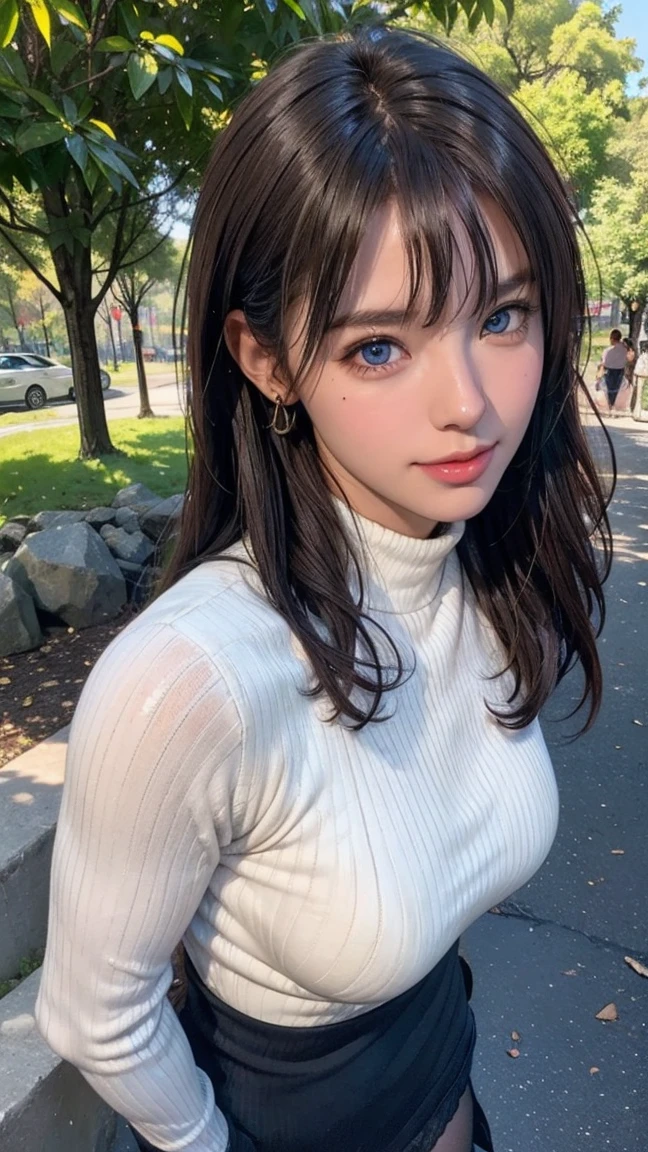 (master piece), RAW photo, ((extremly detailed)), high quality, charm, ultra-high detail, ultra-high resolution, ultra-high realistic, realistic babes, (((1girl))), (((solo))), beautiful, the best lighting, muscular, 18yo, perfect body, sexy body, looks at the viewer, Maternal, shiny skin, oiled skin, (((brown lip, brown lip glosy))), seductive, sexy smile, little smile, big breast, huge breast, large breast, shiny skin, glossy skin, oiled skin, (((blue eyes))), blue eyes, blonde hair, (((brown long hair, long straight blonde hair with bangs))), (((Mini Sweater Dress Turtleneck cable, Turtleneck Pullover Cable, blue Turtleneck Cable Knit Sweater Dress, Mini Sweater Dress Turtleneck cable long sleeves))), ((nose piercing l-blend)), ((pantyhose, glosy brown pantyhose, transparent pantyhose)),morning, outdoor, ((central prak)), ((beautiful central park)), realistic central park, detail background, ultra detail, 8K, high realistic, high resolution, the best resolution, detail hands, detail face, detail anatomy, detail body, (high detail), detail arms, detail fingers, detail nails, detail legs, the best proportions, (detail intricated), ((portrait)), rendering high realistic, the best pictures, hdr, dslr, fix, fit, full color, (((realistic))), (((Hyperrealistic))), enhance, detail pose, perfect pose, the best proportion pose, soft light, natural light, soft light, realistic light, detailed light, Professional, illustration, Amazing, slender, narrow waist, thighhighs, ((from front)), cowboy shot, isla color, realistic visual, the best visual, realistic pose, (((standing))), (small mole on lip), detail all textures, realistic all textures, bright colors, No multiple views, ((sexy pose)), hand on side waist, high priority