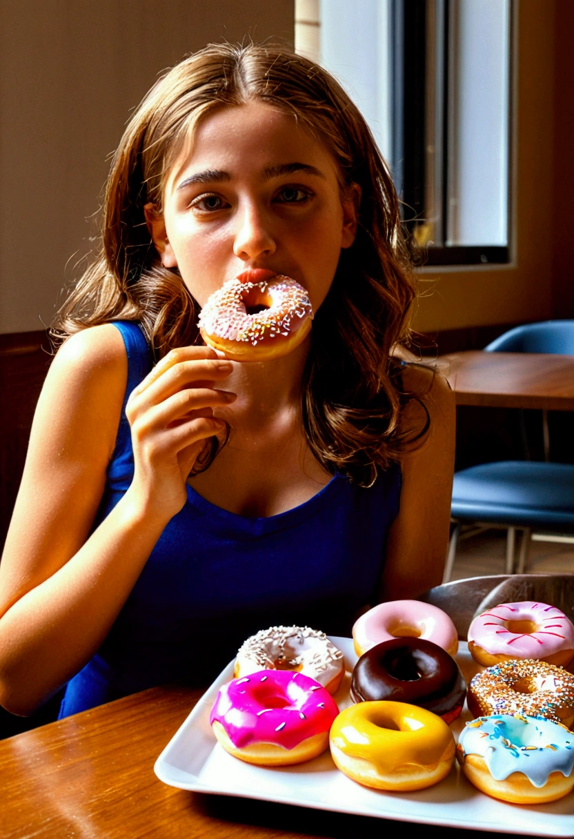 (girl Eating Donuts), full body, award-winning, cinematic still, emotional, vignette, dynamic, vivid, (masterpiece, best quality, photorealistic, Professional, perfect composition, very aesthetic, absurdres, ultra-detailed, intricate details:1.3), by Fabian Perez