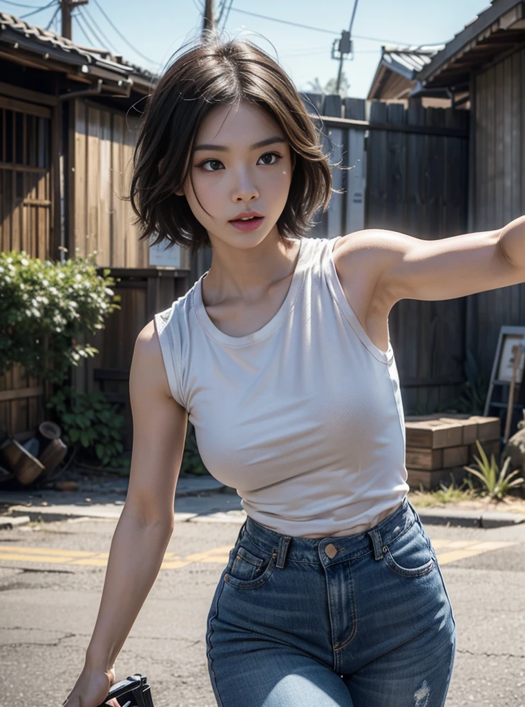 (best quality,8k,realistic photo,realistic skin texture,American female,beautiful Japanese woman,resides in America,wearing dirty white T-shirt and jeans,suspicious, bulletproof vest,rifle,short hair,urban warfare,caught in an incident,starts counterattack,dirty,motion-filled action pose,dramatic and bold composition,half-body,muscular,Zoom out)、Abrasions on the face