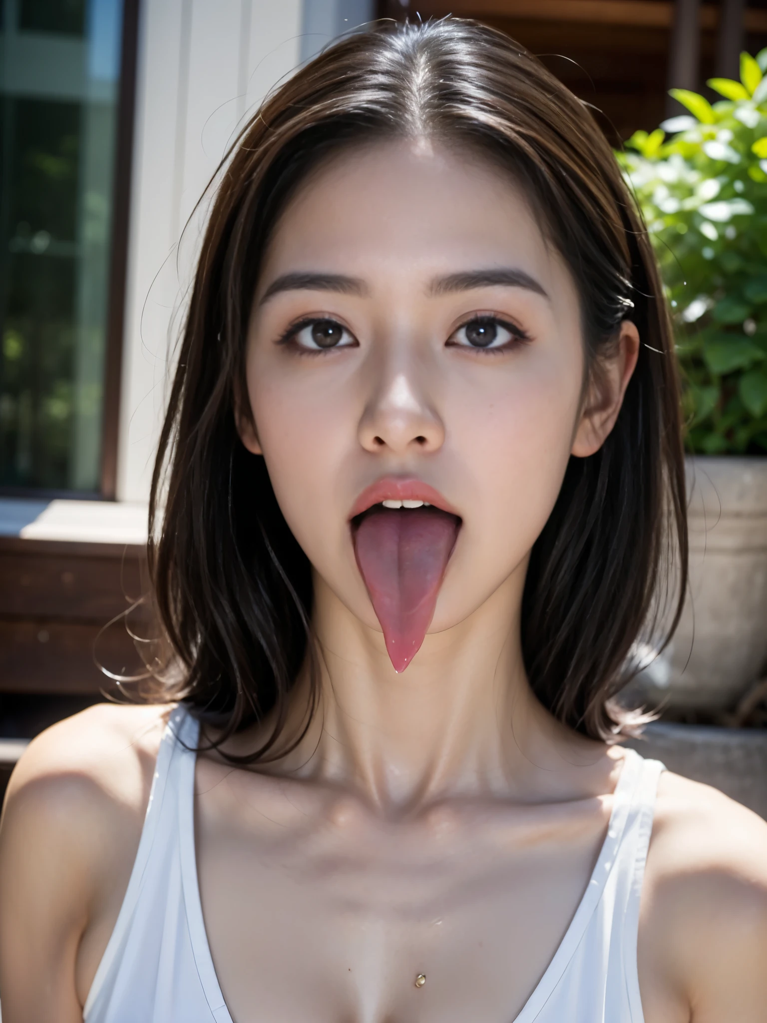 Tabletop,,Awards - Winning Photos, Very detailed, Face close-up、Focus your eyes, Nose and mouth,Face Focus, Woman with open mouth and closed eyes, Face Focusの接写、Age 35,Black-haired、Symmetrical face,Realistic nostrils、Angle from below、Elongated C-shaped nostrils、Sweaty skin、Skin shiny with sweatを強調する照明、((Sharp Nose))Skin shiny with sweat、Glowing Skin、Big eyes、double eyelid、(My tongue is wet and shiny) ((Wet tongue)) ((Berokisu))garden,Lift your head,Beautiful Japanese actresses,Lift your head,