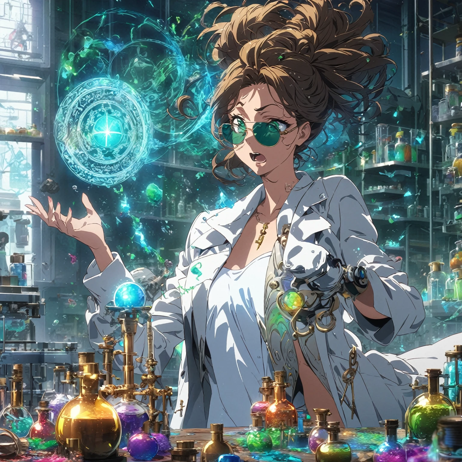 a very beautiful woman , random hair style, form-fitting suit, white lab coat, sunglasses, green eyes, in a laboratory, chemicals on the table, boiling potions, wearing sun glasses, she has the super power alchemize, she can turn wood to metal, and rubber into gold, her expression is Confused/Puzzled: Squinted eyes, raised eyebrow, tilted head, slightly open mouth, magic circle, magic power, casting spell, metal rod, gold and other tiny substances floating around her, (nude:0.8), detailed gorgeous face| anime style| key visual| intricate detail| highly detailed| breathtaking| vibrant| panoramic| cinematic| Carne Griffiths| Conrad Roset| gibbli 8k
