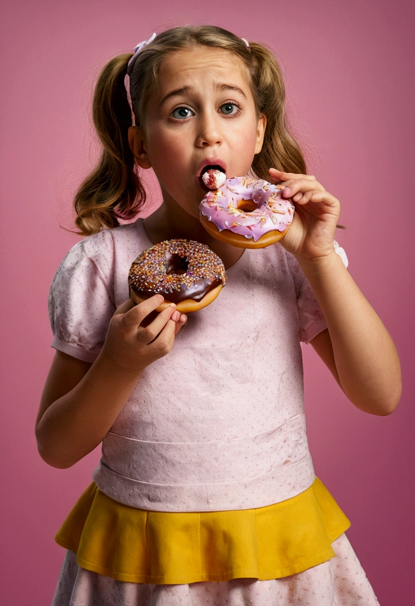 (girl Eating Donuts), full body, award-winning, cinematic still, emotional, vignette, dynamic, vivid, (masterpiece, best quality, photorealistic, Professional, perfect composition, very aesthetic, absurdres, ultra-detailed, intricate details:1.3), by Albert Eckhout