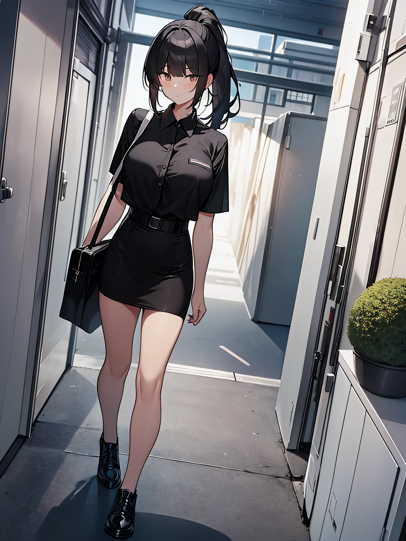 Aerial view Perspective from a distance Walking through residential areas Full body view ponytail:1.9 Social People Black recruitment suit White collared shirt Black Skirt Short black hair, straight hair, bangs swept to the side:2.4. Slanted eyes, brown eyes, tall, strong-willed, beautiful tits Business bag