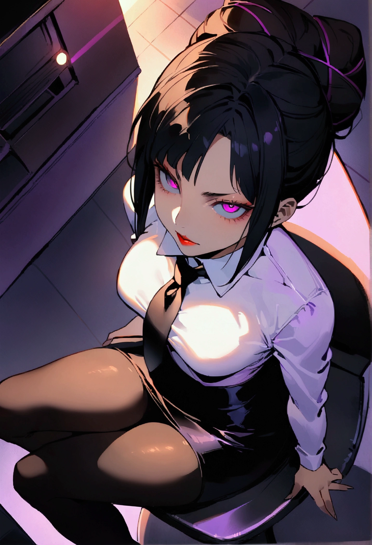juri han, work of art, tight white secretary shirt with black tie, black high waist skirt, short skirt,stocking, black hair, black tightscary sun,office,bangs on the eyes,Lighting, hair with purple details,view from above,staring overhead,evil smile,sitting,cross legs,glowing purple eyes,red lips,The eyes