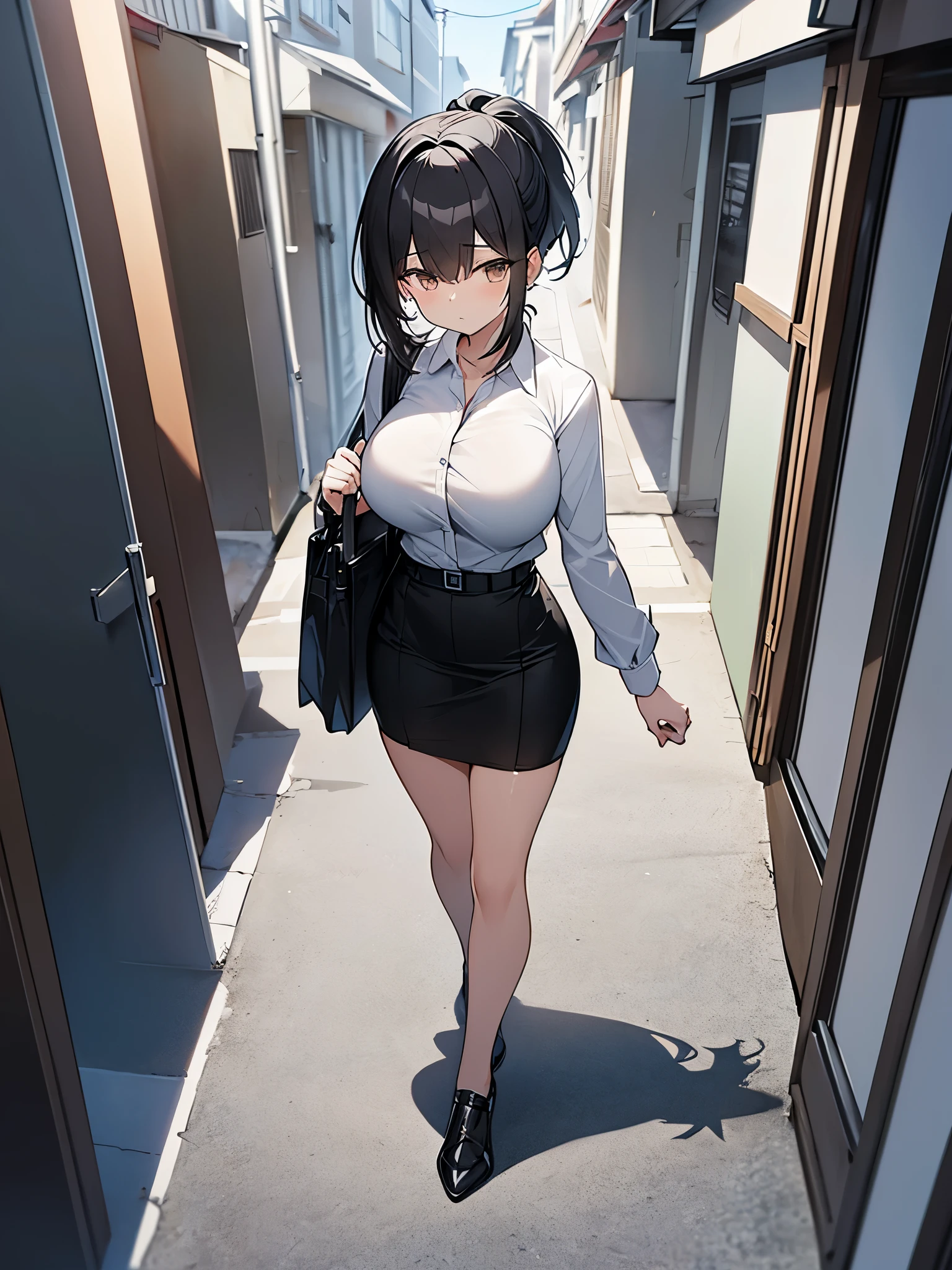 Aerial view　Perspective from a distance　Walking through residential areas　Full body view　ponytail:1.9　Social People　Black recruitment suit　White collared shirt　Black Skirt　Black short hair, straight hair, hair tie　Sweep your bangs to the side:2.4. Slanted eyes, brown eyes, tall, strong-willed, beautiful　Big breasts　Business bag
