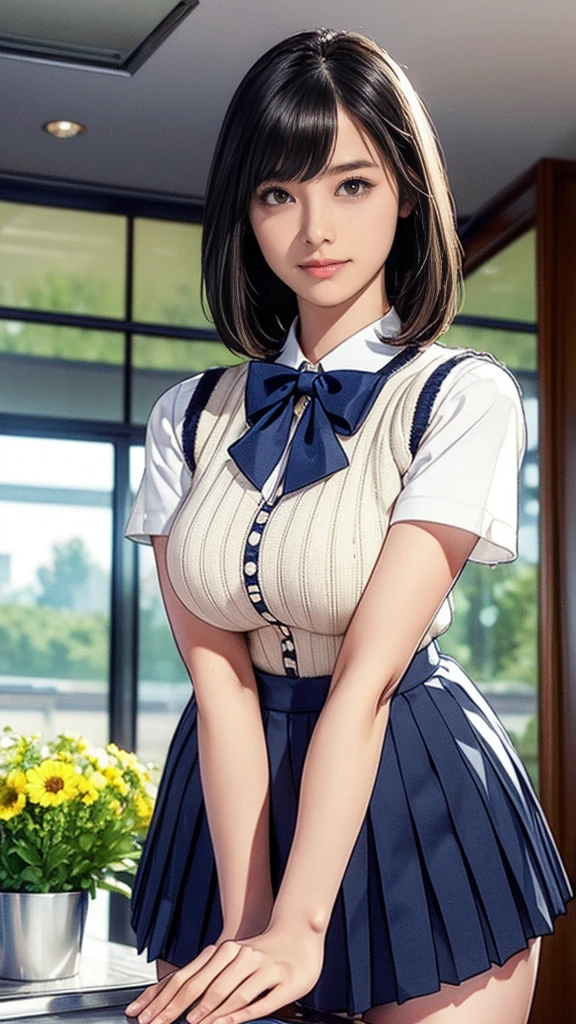 (masterpiece:1.2, Highest quality), (Realistic, photoRealistic:1.4), (Large Breasts:1.5), Beautiful illustrations, (Natural Side Lighting, Cinema Lighting), Written boundary depth, Looking at the audience, (Face Focus, Upper Body), Front view, 1 girl, Japanese, high school girl, 15 years old, Perfect Face, Symmetrical cute face, Glowing Skin, (Bob Hair:1.7,Black Hair), Asymmetrical bangs, Big eyes, Droopy eyes, long eyelashes chest), thin, Beautiful Hair, Beautiful Face, Beautiful and beautiful eyes, Beautiful clavicle, Beautiful body, Beautiful breasts, Beautiful thighs, Beautiful legs, Beautiful fingers, ((Quality fabric texture, brown knit vest, Short sleeve white collar shirt, Navy Pleated Skirt, Navy bow tie)), (Beautiful views), evening, (Inside the flower shop), Are standing, (smile, Superior, Open your mouth), (From below:1.5),(Poor visibility:1.5), (From below)