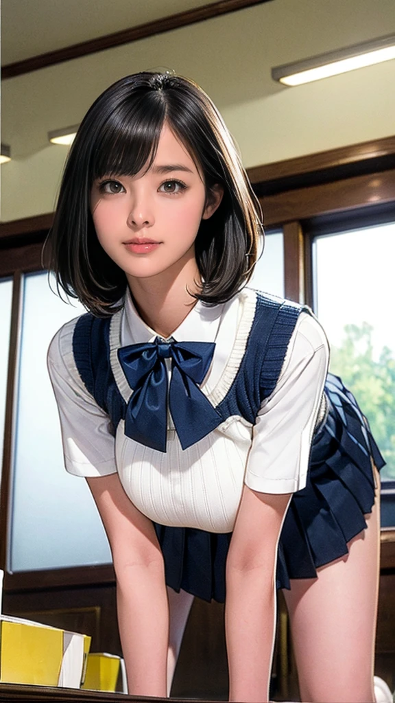 (masterpiece:1.2, Highest quality), (Realistic, photoRealistic:1.4), (Large Breasts:1.5), Beautiful illustrations, (Natural Side Lighting, Cinema Lighting), Written boundary depth, Looking at the audience, (Face Focus, Upper Body), Front view, 1 girl, Japanese, high school girl, 15 years old, Perfect Face, Symmetrical cute face, Glowing Skin, (Bob Hair:1.7,Black Hair), Asymmetrical bangs, Big eyes, Droopy eyes, long eyelashes chest), thin, Beautiful Hair, Beautiful Face, Beautiful and beautiful eyes, Beautiful clavicle, Beautiful body, Beautiful breasts, Beautiful thighs, Beautiful legs, Beautiful fingers, ((Quality fabric texture, brown knit vest, Short sleeve white collar shirt, Navy Pleated Skirt, Navy bow tie)), (Beautiful views), evening, (Inside the flower shop), Are standing, (smile, Superior, Open your mouth), (From below:1.5),(Poor visibility:1.5), (From below)