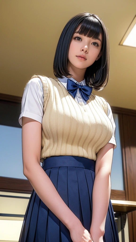 (masterpiece:1.2, Highest quality), (Realistic, photoRealistic:1.4), (Large Breasts:1.5), Beautiful illustrations, (Natural Side Lighting, Cinema Lighting), Written boundary depth, Looking at the audience, (Face Focus, Upper Body), Front view, 1 girl, Japanese, high school girl, 15 years old, Perfect Face, Symmetrical cute face, Glowing Skin, (Bob Hair:1.7,Black Hair), Asymmetrical bangs, Big eyes, Droopy eyes, long eyelashes chest), thin, Beautiful Hair, Beautiful Face, Beautiful and beautiful eyes, Beautiful clavicle, Beautiful body, Beautiful breasts, Beautiful thighs, Beautiful legs, Beautiful fingers, ((Quality fabric texture, brown knit vest, Short sleeve white collar shirt, Navy Pleated Skirt, Navy bow tie)), (Beautiful views), evening, (Inside the flower shop), Are standing, (smile, Superior, Open your mouth), (From below:1.5),(Poor visibility:1.5), (From below)