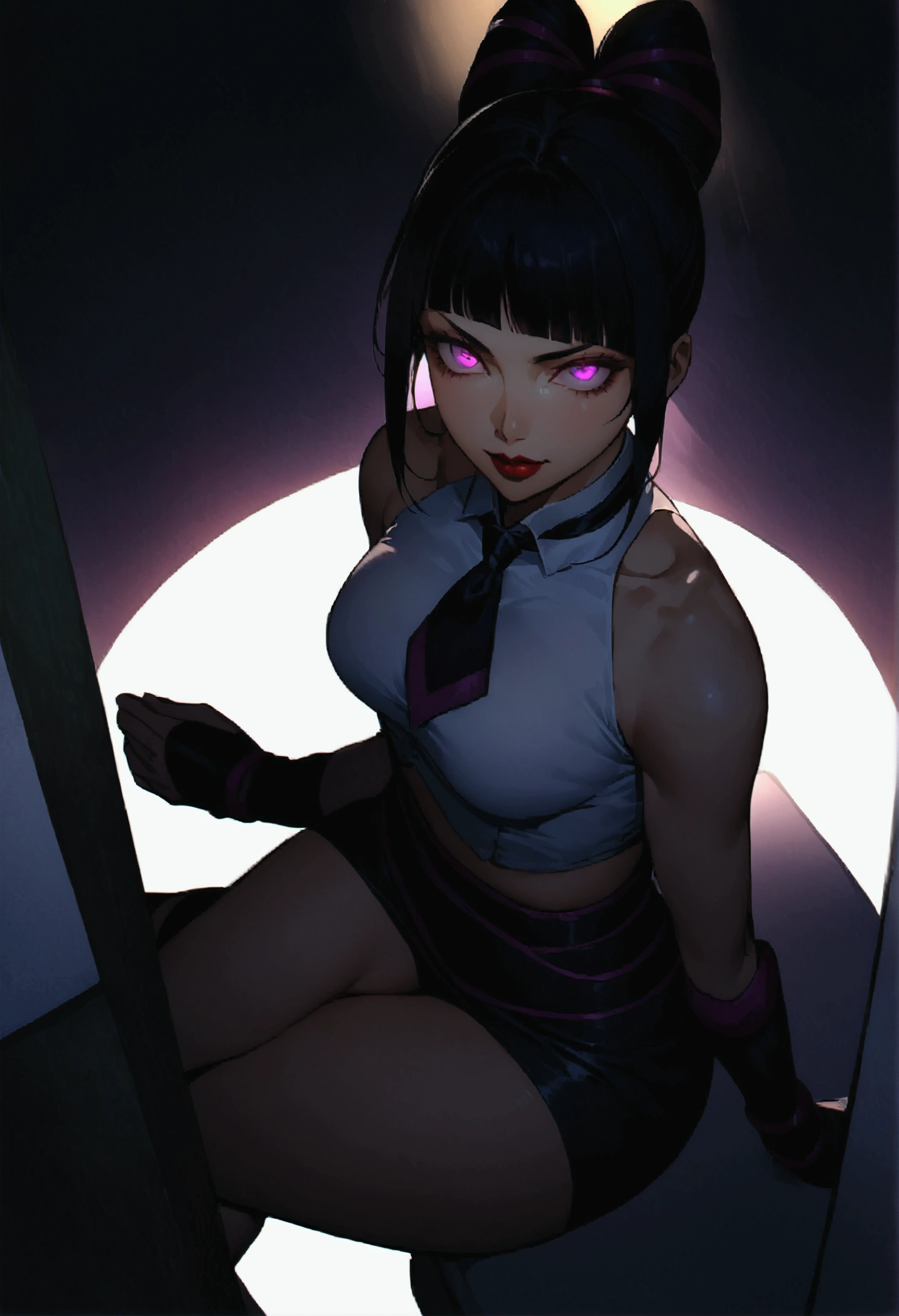 juri han, work of art, tight white secretary shirt with black tie, black high waist skirt, short skirt,stocking, black hair, black tightscary sun,office,bangs on the eyes,Lighting, hair with purple details,view from above,staring overhead,evil smile,sitting,cross legs,glowing purple eyes,red lips,The eyes
