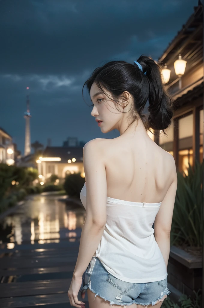 (((best quality))),(((ultra detailed))),(((masterpiece))),illustration,((1 beautiful girl,solo)),(short ponytail:1.2),((slim,thin)),((bare back,towering hips,butt crack)),((dimly lit garden courtyard, high-rise residential community)),(strapless torn white short-sleeved T-shirt:1.3),(torn blue sports shorts:1.3),youthful charm, vibrant energy, sleek hair, bright eyes, smooth skin, fair complexion, curiosity, adventure,concrete ground, streetlights, yellowish glow, tall buildings, shadows, eerie atmosphere, confident demeanor, ease, solitude, beauty, life, warm presence,(summer:1.3),(night scene:1.3),((from back,upper body))