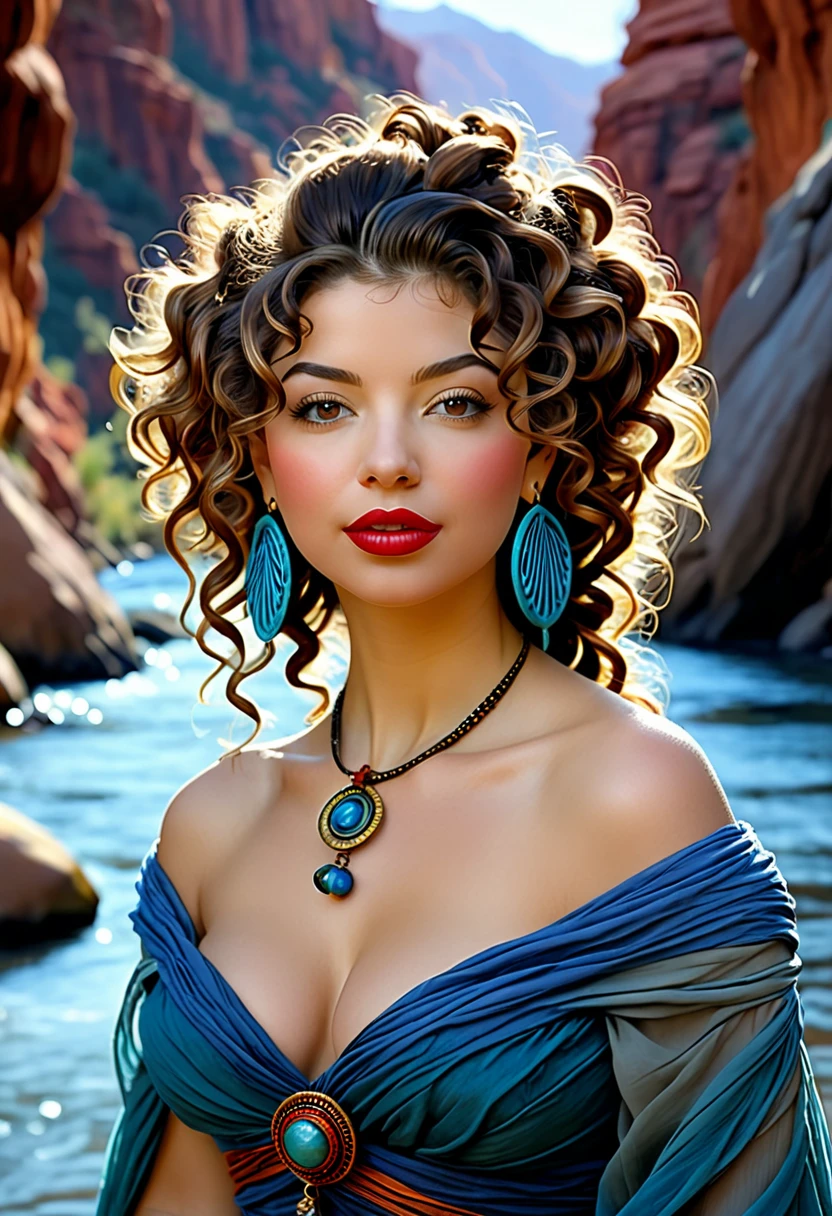 Thirst trap. A beautiful gypsy woman with large thick and wide beautiful lips with the appearance of Masiela Lusha, thick hips, thin waist, deep and wide breasts. Hourglass figure, with hair that is coarse, wiry, and tightly curled. It often has a rough texture, feels stiff to the touch, and may be prone to frizz and tangling. curls can be densely packed. Looking at viewer with love. Long southwestern style dress, hoop earing and jewelry. Wearing a traditional gypsy dress with Skirts and scarves billowing in breeze. The Official Art – An Award-Winning Digital Masterpiece In 4K Ultra HD, Extreme Detail And Intricate Realism. This Concept Art Brought To Life By The Hands Of Brian Froud and Thomas Kinkaid In A Stunning 2D Vector Illustration. . massive, perky, perfect spheres, firm, voluptuous, cleavage, full, well shaped pleasing breasts. buxom. Background is a panoramic vista of redrock canyon with a beautiful blue river running through it.