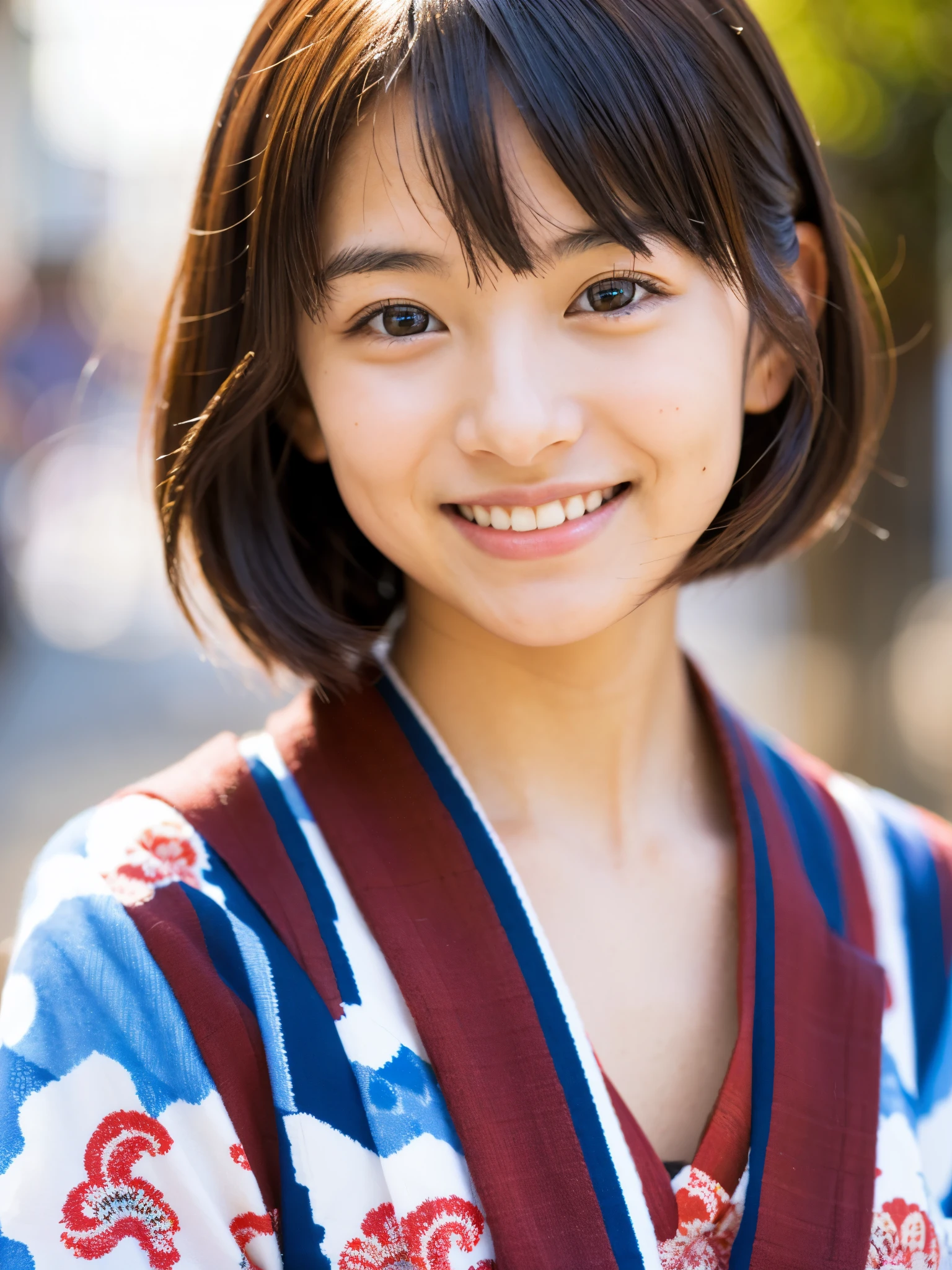 A very cute face like an idol、A young-looking 20-year-old woman、A kind smile、Wearing a beautiful Japanese yukata
