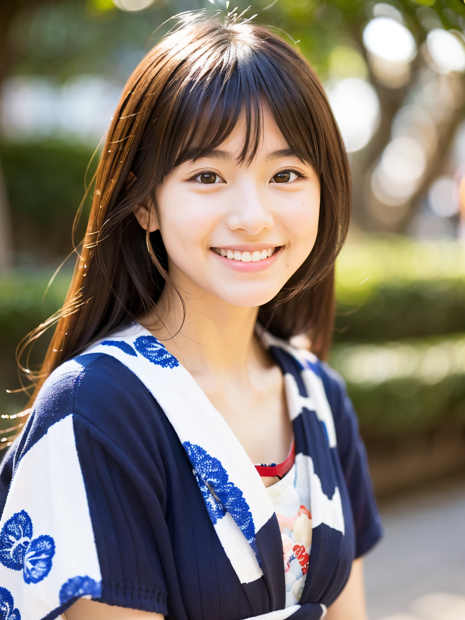 A very cute face like an idol、A young-looking 20-year-old woman、A kind smile、Wearing a beautiful Japanese yukata