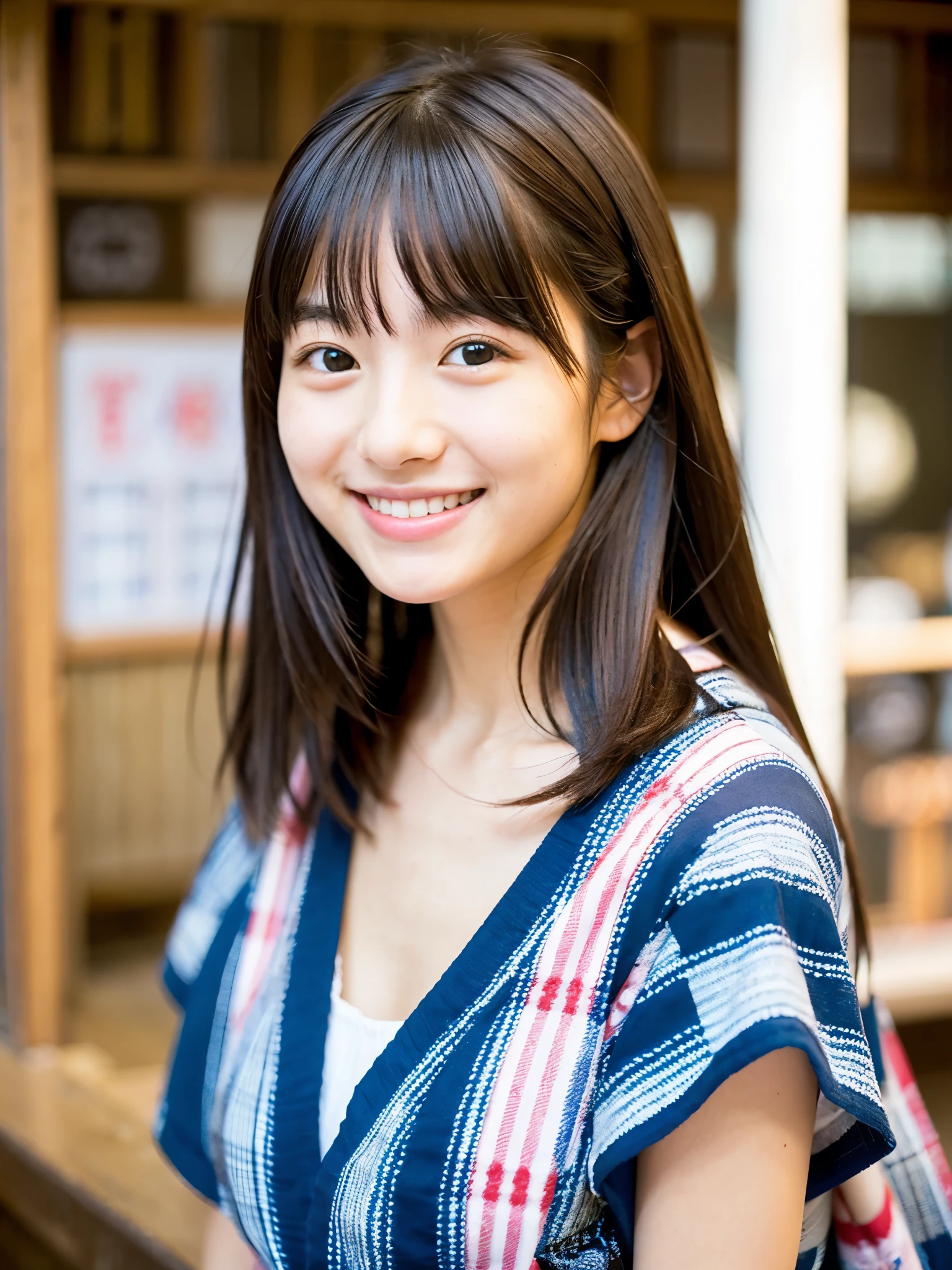 A very cute face like an idol、A young-looking 20-year-old woman、A kind smile、Wearing a beautiful Japanese yukata