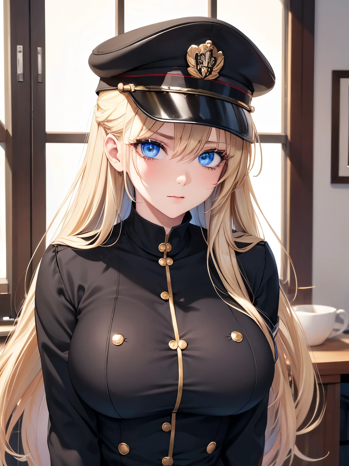 1woman,squat,blue eyes,Beautiful makeup, long eyelashes,early in the morning,stunning,half body photo, very detailed face,cute,,HD face, perfect face,Black army uniform, black army hat,,very ,Blonde hair,blonde hair,blonde,bangs,long hair, straight hair,ultra detail,ultra Hd, masterpiece,4k