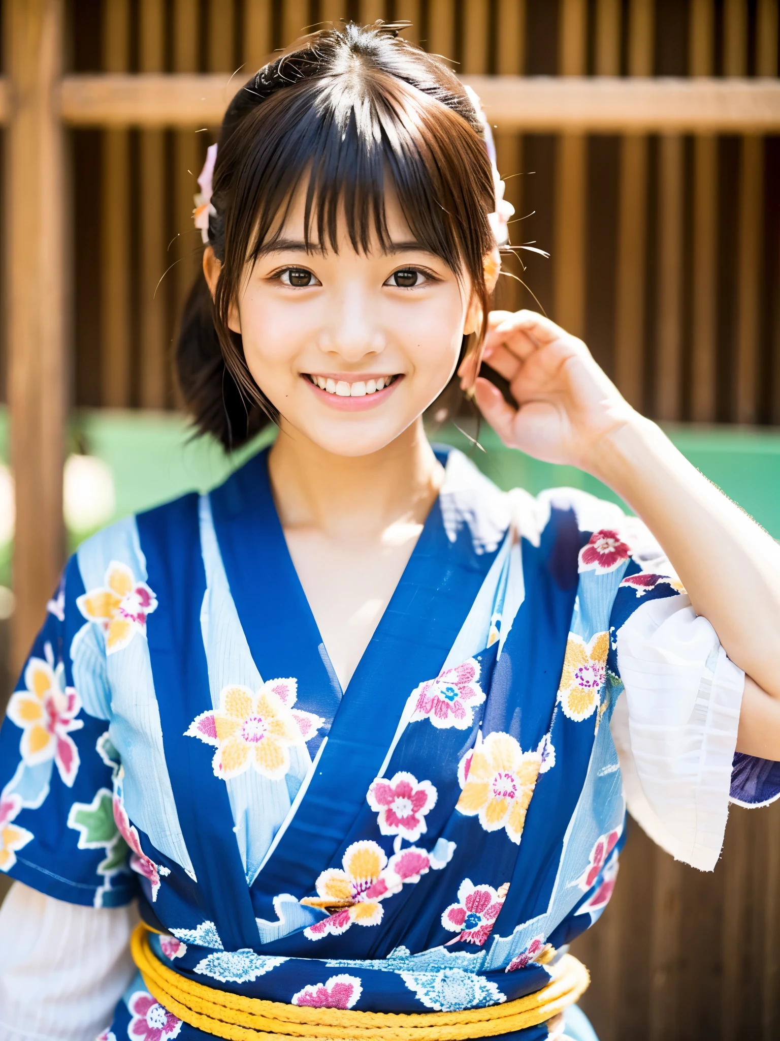 A very cute face like an idol、A young-looking 20-year-old woman、A kind smile、Wearing a Japanese yukata with 3/4 sleeves