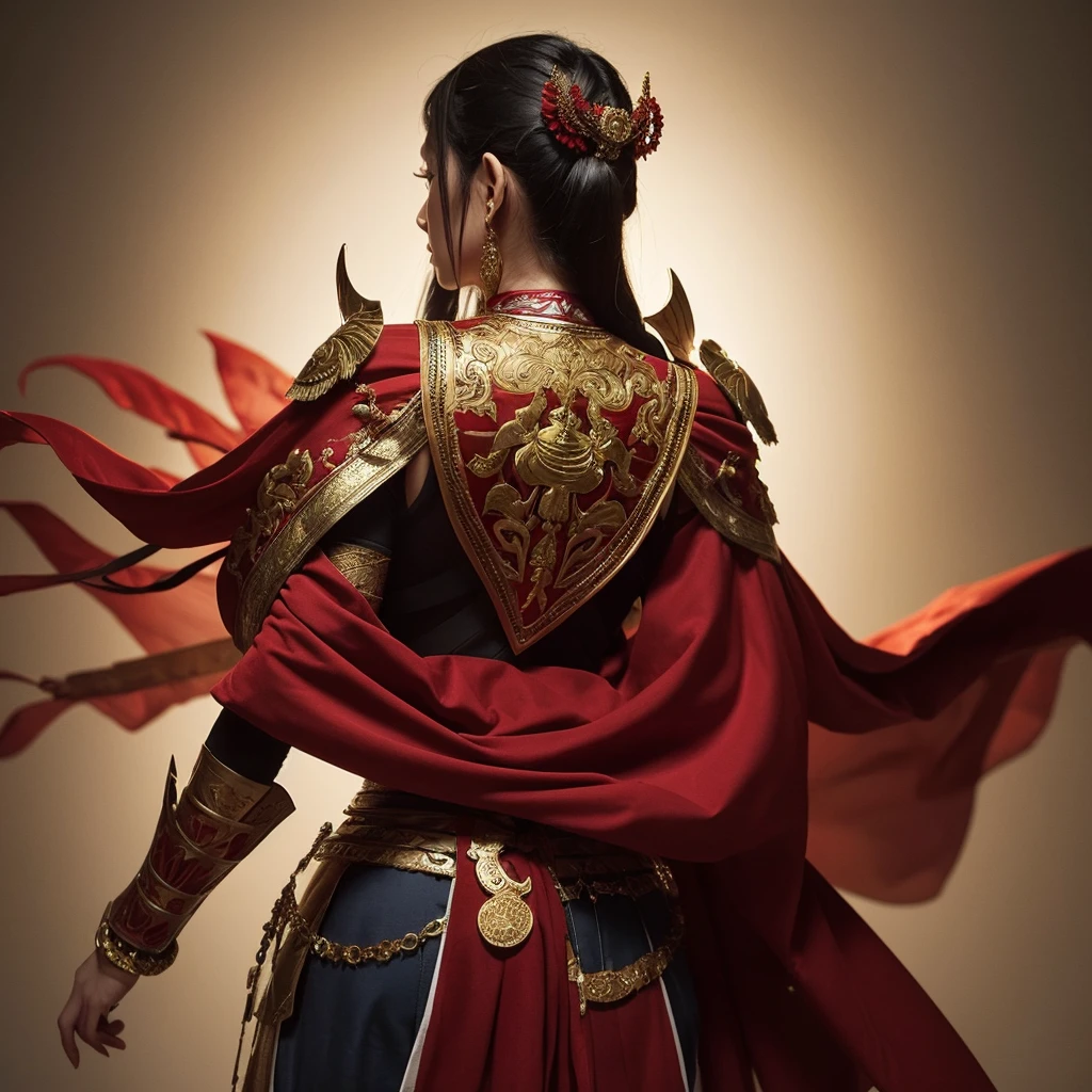 In this picture is a beautiful female warrior dressed in armor and a flowing red cloak, turning her back. Her outfit looks like an ancient Thai costume, giving off a warlike atmosphere.
