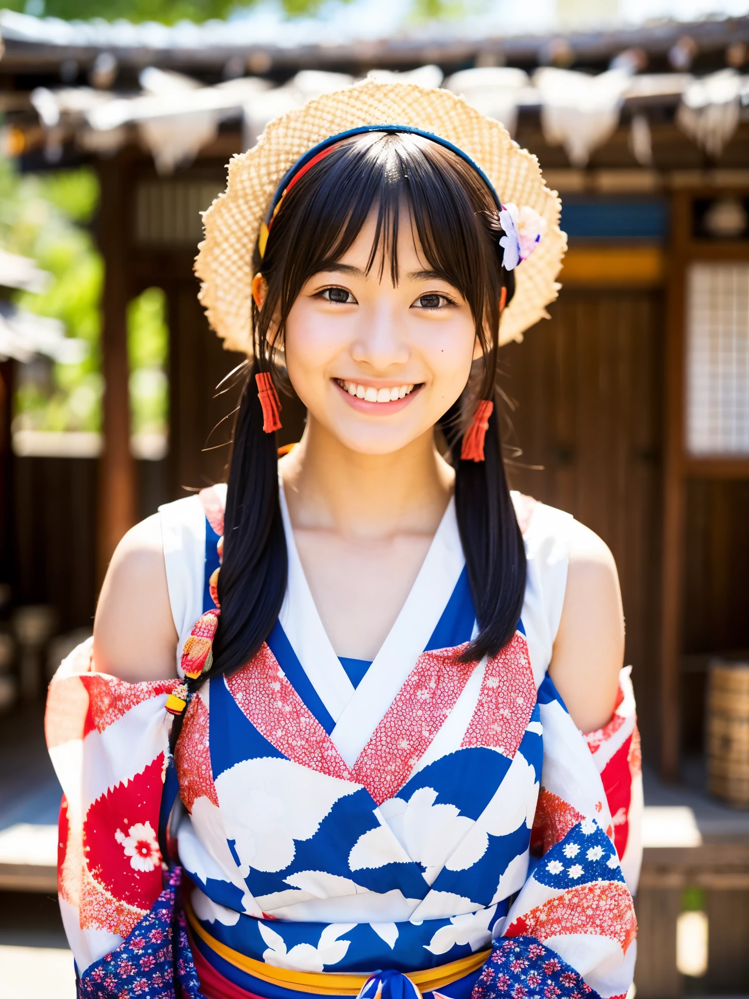A very cute face like an idol、A young-looking 20-year-old woman、A kind smile、Wearing a Japanese yukata with 3/4 sleeves