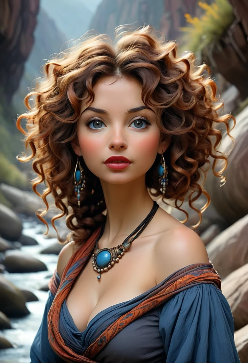 Thirst trap. A beautiful gypsy woman with large thick and wide beautiful lips with the appearance of Masiela Lusha, thick hips, thin waist, deep and wide breasts. Hourglass figure, with hair that is coarse, wiry, and tightly curled. It often has a rough texture, feels stiff to the touch, and may be prone to frizz and tangling. curls can be densely packed. Looking at viewer with love. Long southwestern style dress, hoop earing and jewelry. Wearing a traditional gypsy dress with Skirts and scarves billowing in breeze. The Official Art – An Award-Winning Digital Masterpiece In 4K Ultra HD, Extreme Detail And Intricate Realism. This Concept Art Brought To Life By The Hands Of Brian Froud and Thomas Kinkaid In A Stunning 2D Vector Illustration. . massive, perky, perfect spheres, firm, voluptuous, cleavage, full, well shaped pleasing breasts. buxom. Background is a panoramic vista of redrock canyon with a beautiful blue river running through it.