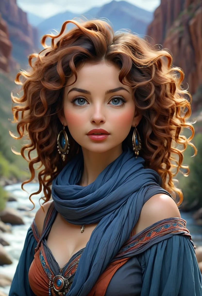 Thirst trap. A beautiful gypsy woman with large thick and wide beautiful lips with the appearance of Masiela Lusha, thick hips, thin waist, deep and wide breasts. Hourglass figure, with hair that is coarse, wiry, and tightly curled. It often has a rough texture, feels stiff to the touch, and may be prone to frizz and tangling. curls can be densely packed. Looking at viewer with love. Long southwestern style dress, hoop earing and jewelry. Wearing a traditional gypsy dress with Skirts and scarves billowing in breeze. The Official Art – An Award-Winning Digital Masterpiece In 4K Ultra HD, Extreme Detail And Intricate Realism. This Concept Art Brought To Life By The Hands Of Brian Froud and Thomas Kinkaid In A Stunning 2D Vector Illustration. . massive, perky, perfect spheres, firm, voluptuous, cleavage, full, well shaped pleasing breasts. buxom. Background is a panoramic vista of redrock canyon with a beautiful blue river running through it.