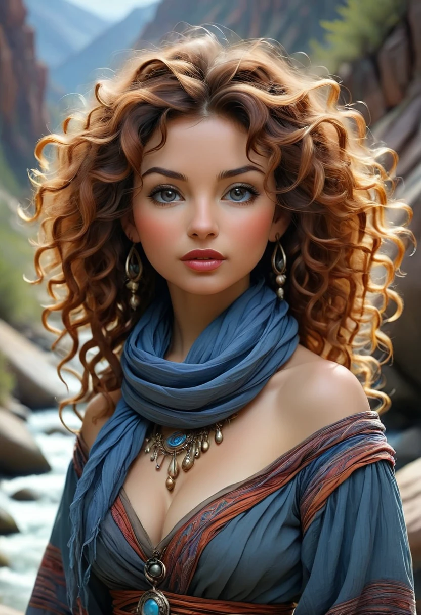 Thirst trap. A beautiful gypsy woman with large thick and wide beautiful lips with the appearance of Masiela Lusha, thick hips, thin waist, deep and wide breasts. Hourglass figure, with hair that is coarse, wiry, and tightly curled. It often has a rough texture, feels stiff to the touch, and may be prone to frizz and tangling. curls can be densely packed. Looking at viewer with love. Long southwestern style dress, hoop earing and jewelry. Wearing a traditional gypsy dress with Skirts and scarves billowing in breeze. The Official Art – An Award-Winning Digital Masterpiece In 4K Ultra HD, Extreme Detail And Intricate Realism. This Concept Art Brought To Life By The Hands Of Brian Froud and Thomas Kinkaid In A Stunning 2D Vector Illustration. . massive, perky, perfect spheres, firm, voluptuous, cleavage, full, well shaped pleasing breasts. buxom. Background is a panoramic vista of redrock canyon with a beautiful blue river running through it.