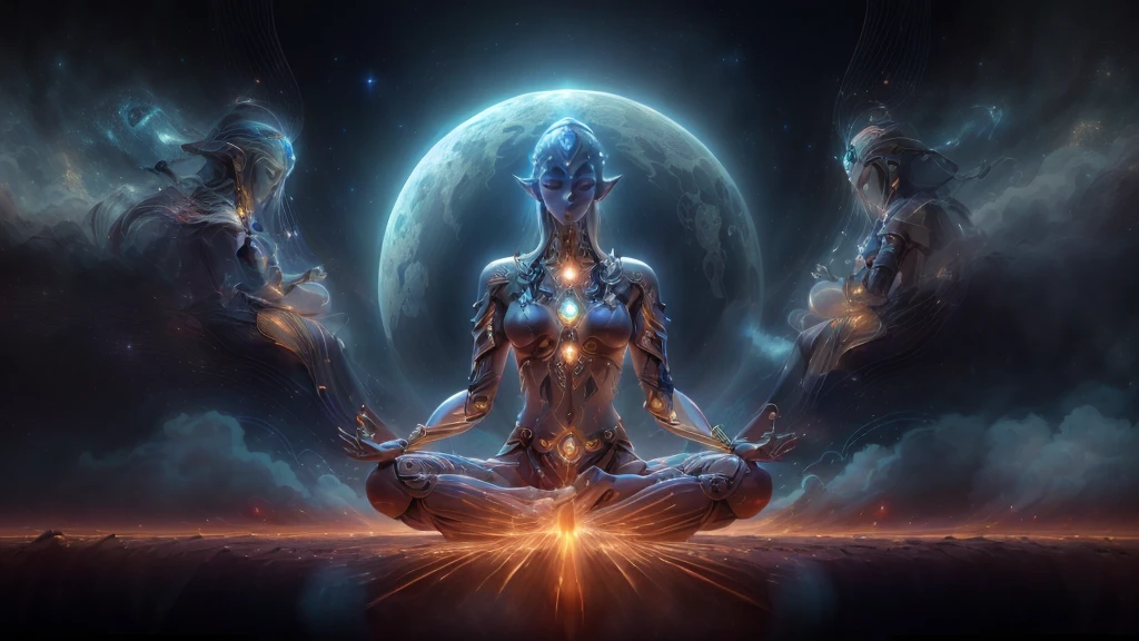 Arafad image of a woman meditating in meditation pose, Elven spirits meditate in space, Powerful woman sitting in space, Elf angel meditating in space, astral travel, Channel mystical energy, Enlightenment, kundalini energy, in the astral plane ) ) ), 宇宙Enlightenment, A meditating robot, interdimensional existence