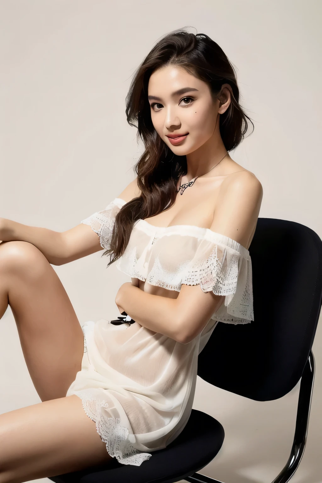((Highest quality, 8k, masterpiece: 1.3)), sharp: 1.2, Perfect Body Beauty: 1.6, ((Layered Hairstyles, Small breasts: 1.0)), ((forest)), (((ponytail))), ((Exposed nipples)), ((Sheer asymmetrical lace dress)), ((Off-the-shoulder dress)), ((necklace)), Earrings, ring, Bracelet, Hair Accessories, ((Beautiful young ager woman)), ((Straight nose)), (Eyeliner), Armpit Hair, Bristles, ((Beautiful Skin)), ((Sitting on a chair with legs aligned)), Wavy Hair, Beautiful attention to detail, Super detailed, Highly detailed face and skin texture, fine grain, double eyelid, Black Hair, Big Ass, Lower Body, Thighs, (((Skinny))), Wet and shiny lips, smile, Blushing, Get a grip on your body, ((Anatomically correct human body)), ((Crisp body shape)), Ribs, clavicle, Protruding skeleton, A face without nasolabial folds