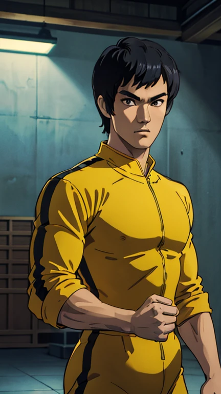 (1man: Bruce lee), (extremely detailed CG unit 8k wallpaper),(master part), (best quality), (ultra detali), (best illustration),(bruceleejumpsuit), cowboy shot, (Sharp eyeliner, ombre, detailed eyes:1), earth in the background, police station indoors, ,break , (ghibli style), upper body,short hair, black hair