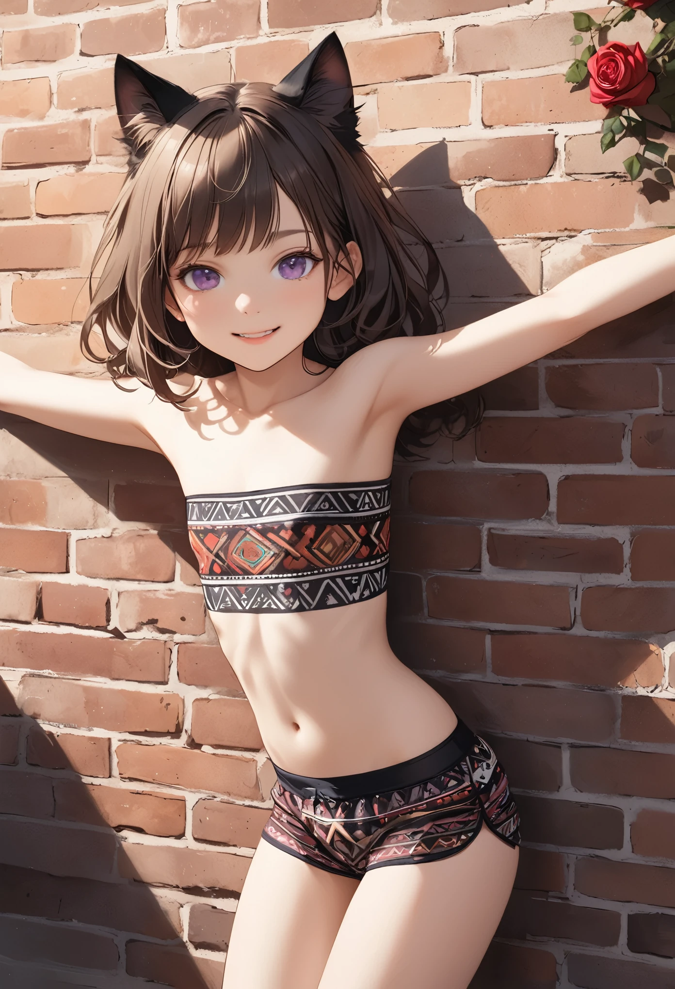((Masterpiece)), ((best quality)), (super detail:1.2),(High Definition:1.3), (Professional Photography:1.2), (wide shot), (sharp focus), (perfect light), (drop shadow), ((1girl)), (()), looking at viewer, messy medium hair, Beautiful collarbone, ((Embroidered Tribal black tubutop)), strapless, (bare arms), cute navel, (Tribal boxer shorts), (Healthy slim body), (loose blunt bangs), Slender body, glossy skin, (naughty smile), open mouth, ((Beautiful purple eyes)), Textured skin, (Cat ears), (Pale brown hair), Cute Beautiful Girl, (slightly exposed small breast), BREAK, ((best quality)), ((1girl)), Spread arms wide, (leaning against the Brick wall with roses painting), Wall with graffiti of roses, (sharp focus), (perfect light),