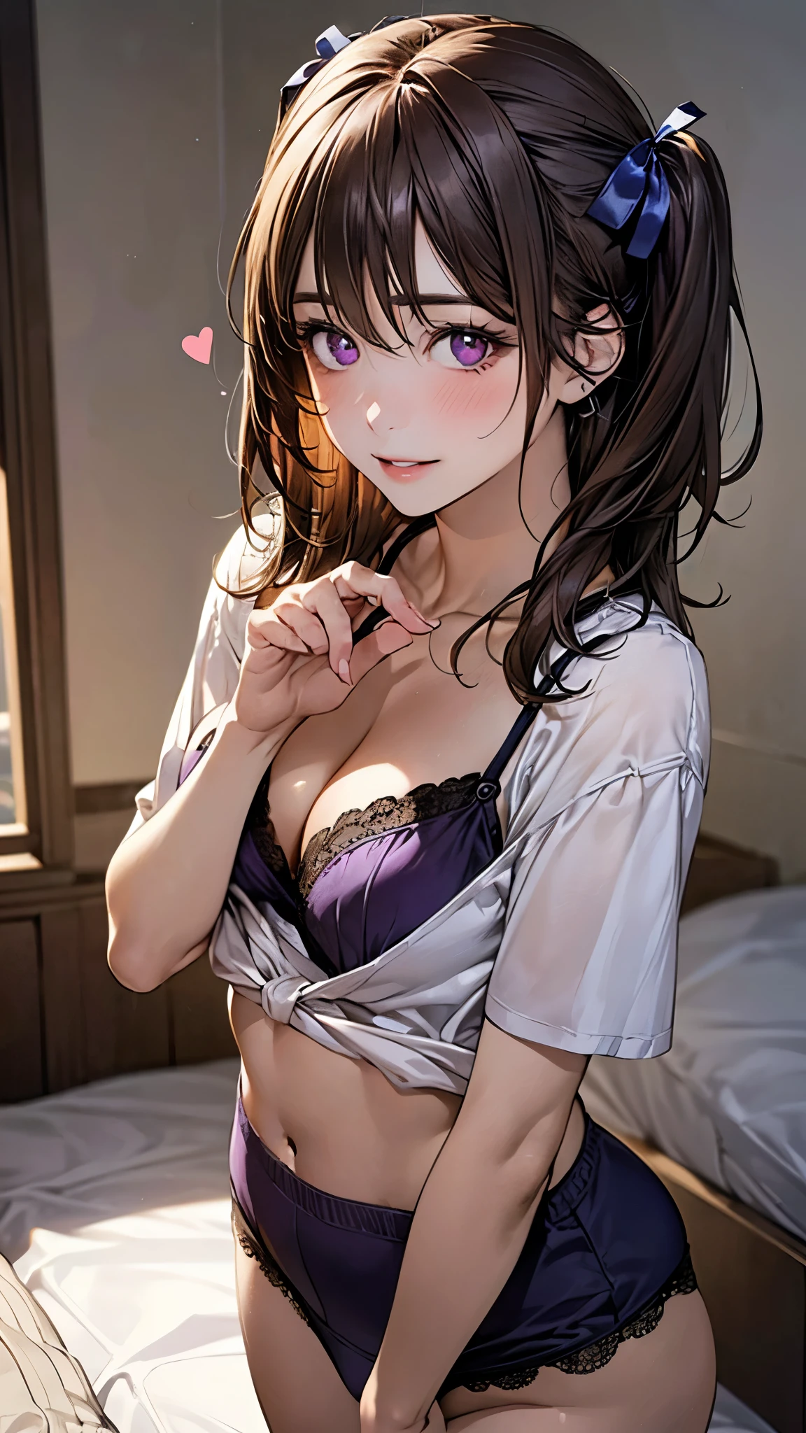 (masterpiece:1.2, top-quality), (realistic, photorealistic:1.4), beautiful illustration, (natural side lighting, movie lighting), depth of fields,
looking at viewer, upper body, face close-up, front view, 1 girl, , (perfect anatomy, anatomically correct, super detailed skin), cute and symmetrical face, perfect face, perfect eyes,
(middle hair, (two side up:1.3), dark brown hair), hair between eyes, maroon eyes, big eyes, long eye lasher, (medium breasts, thigh), , perfect body, shiny skin,
beautiful detailed hair, beautiful detailed face, beautiful detailed eyes, beautiful clavicle, beautiful body, beautiful chest, beautiful thigh, beautiful legs, beautiful fingers,
(violet camisole, purple panty), cleavage, midriff peek, white hair ribbon,
(beautiful scenery), (bedroom background:1.2), standing, cute pose, hands on chest, (pose cutely:1.3), (seductive smile, heart-shaped eyes, heart shaped pupils, parted lips),