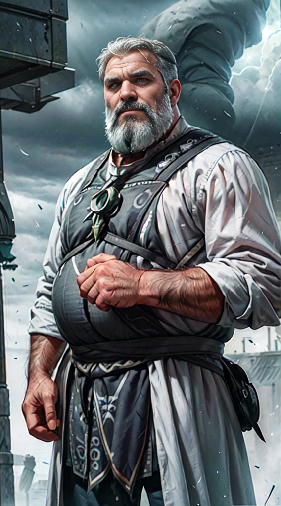 A middle-aged man, 50 years old, fat, modern magician, gray hair, medium gray beard, green eye, serious, intimidating, white tabard, personal, crow, storm, realistic. 8k uhd