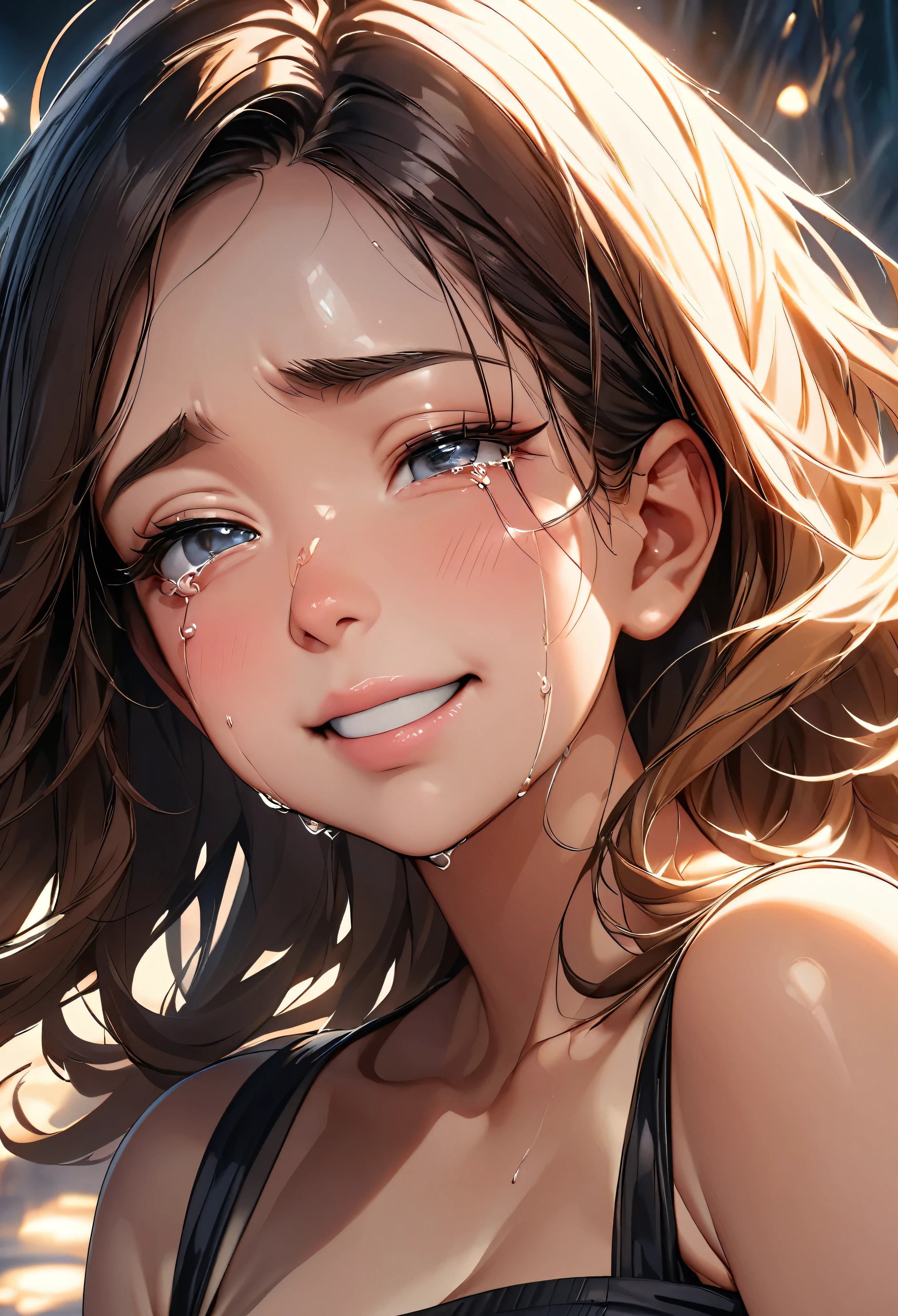 Close-up of a woman laughing while crying, One girl, alone, Falling tears, Moist eyes, Enduring Sadness, Beautiful eyes and nose, Detailed facial expressions, Beautiful clavicle, Shining décolleté, Face Close Up, Natural Makeup, Plump lips, ((Black off-shoulder, Tube top)), Very detailed, masterpiece:1.2, Best aesthetics,