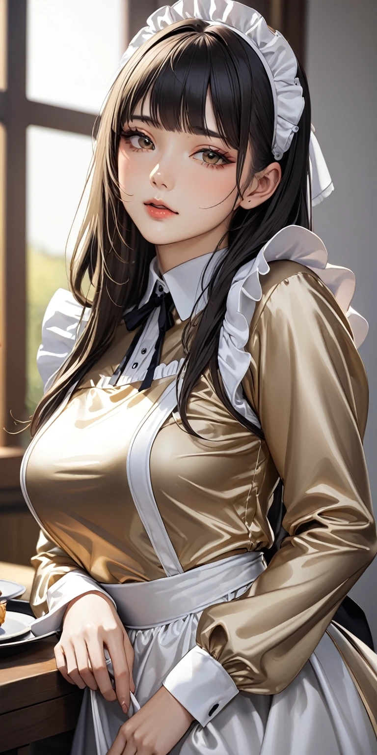 Portraiture、(masterpiece,Highest quality,Ultra-high resolution),Japanese women, (((Very beautiful 25 year old girl))),She is wearing a shiny pale gold satin long sleeve maid dress.A long-sleeved maid's shirt made of pale gold satin.、The dress has a simple design without any patterns...、The skirt is mermaid style