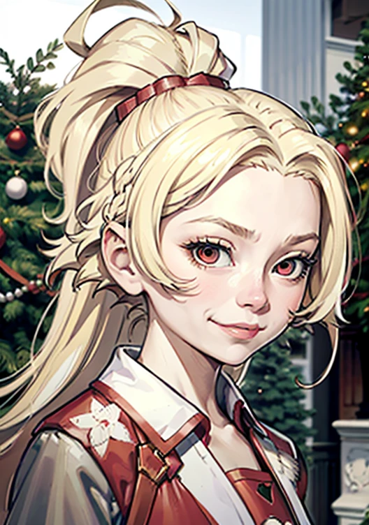 18 year old girl, Wearing Santa costumes、Blonde ponytail、Ahoge、big round red eyes、A slight smil、Laugh、、Realistic painting in every detail, Christmas Outdoors、delicate detail、facial close-up