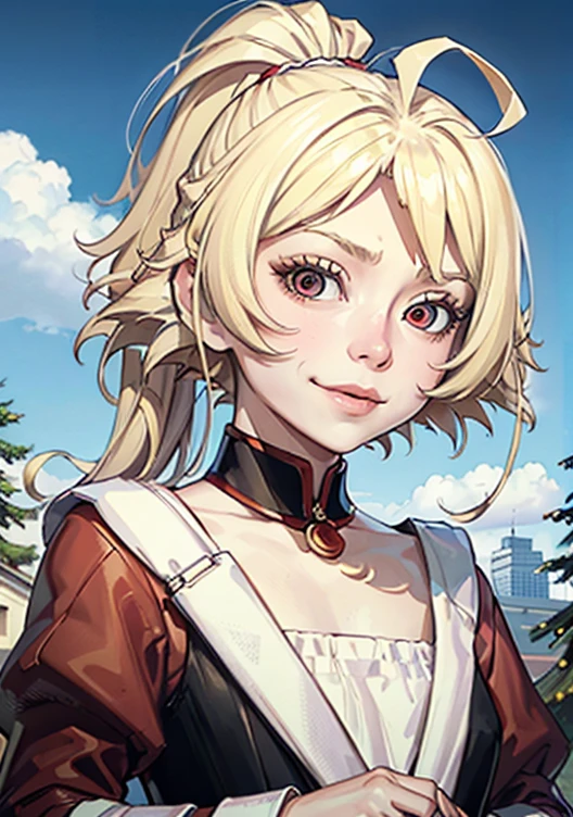 18 year old girl, Wearing Santa costumes、Blonde ponytail、Ahoge、big round red eyes、A slight smil、Laugh、、Realistic painting in every detail, Christmas Outdoors、delicate detail、facial close-up