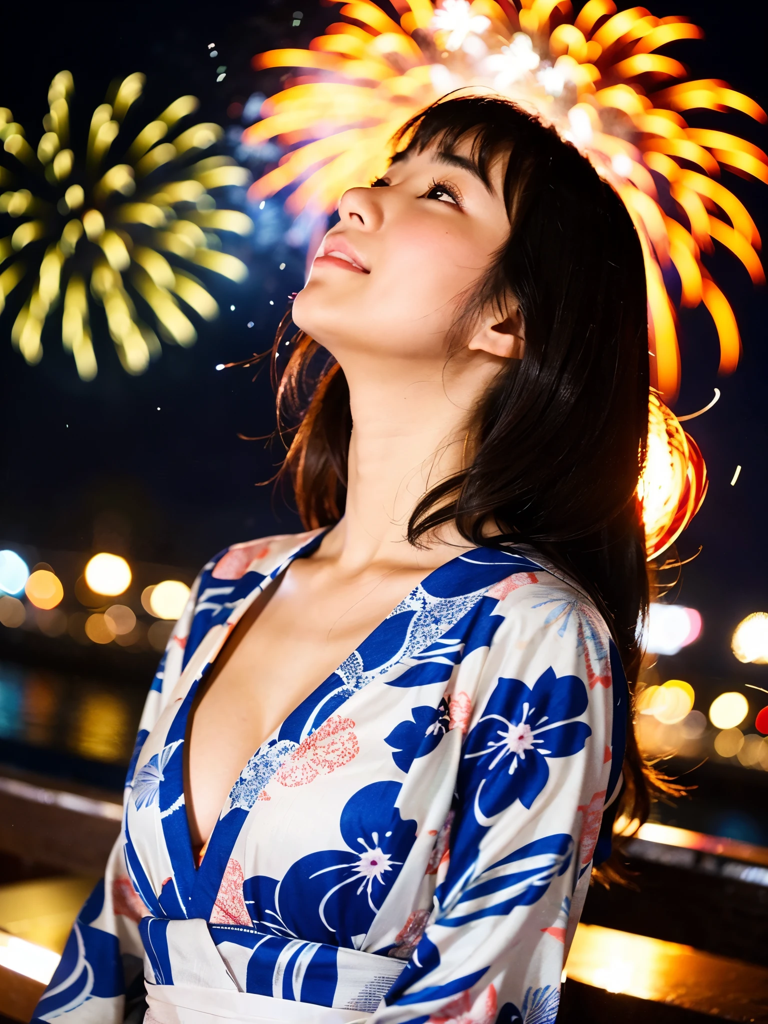 A very cute face like an idol、A young-looking 20-year-old woman wearing a Japanese yukata with three-quarter sleeves、Cleavage、night、Fireworks display、Looking up at the fireworks、Natural light、profile