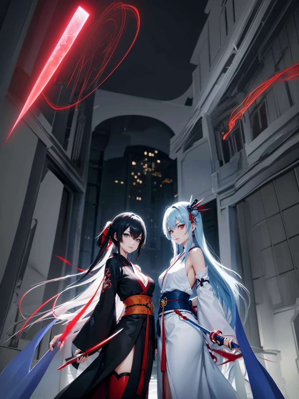 A red aura and a blue aura are emanating from the two of them.　Raising a Japanese sword
