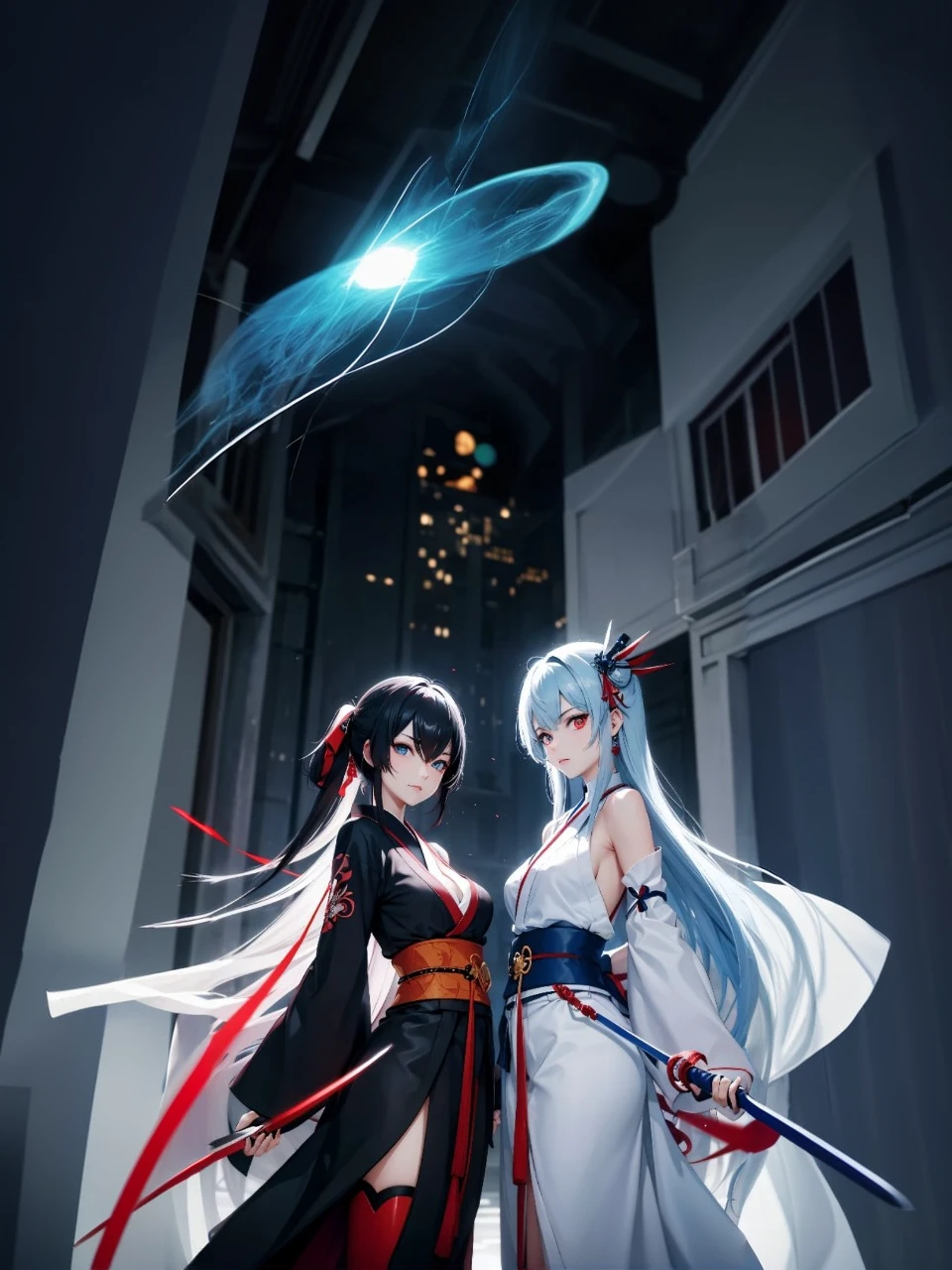 A red aura and a blue aura are emanating from the two of them. Raising a Japanese sword