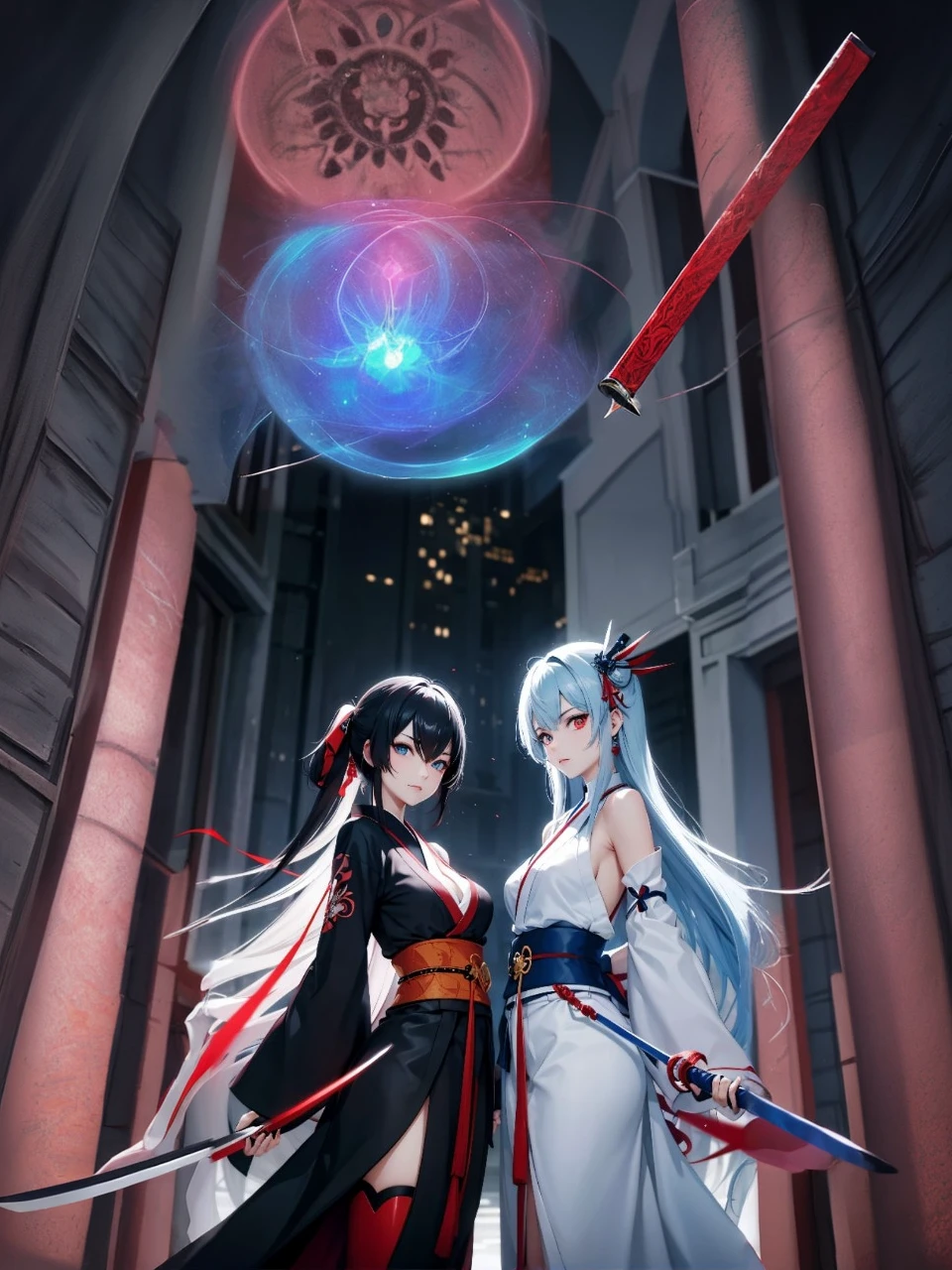 A red aura and a blue aura are emanating from the two of them. Raising a Japanese sword