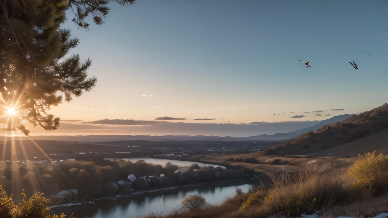 ((best qualityer)), ((work of art)), (detailded), beautiful and serene landscape, subdued colors, late afternoon, with birds and sunset