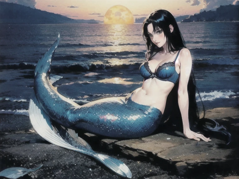 high quality, 4k, 8k, HD, full body frame, (((detailed face))), (((a beautiful mermaid with flow))), mermaid, sexy Upper part of the body, (((very long mermaid tail))), scales,(((wearing shell bra))), flowing hair. She is sitting on a rock by the sea under the moonlight, surrounded by soft waves and sparkling Sea creatures. (Style: manga fantasy),(details: long hair, black, moonlight, Sea creatures, waves soft),(((mermaid anatomy correct))), (((mermaid bra))), highest quality,high quality,16k, Very detailed,detailed and beautiful eyes, Soft and beautiful skin,Beautiful hair,Carefully draws the details, Colored glitter,great color balance,happy dream,zentangle elements,rendering,sing colorful spells,((Glitter)),Hologram processing,fantastic,magic effect,Place fine light particles.,Carefully draw the line of the face. ,natural makeup,attractive,perfect proportions, half body, bare half body, black hair. monocromatic.