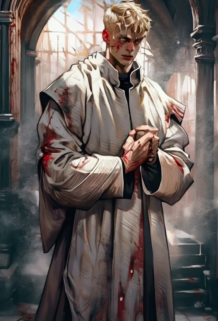"Realistic Digital Painting with Concept Art Elements"," digital painting," "concept art," "realistic," "high detail", "1boy", "muscular", "wearing priest garment", "blood all over his hands and priest garments", "high-res", "blonde hair", "church", "moonlight", "bible in hand", "full body shot", "omnious aura,", "demon tail underneath priest garments", "bloody garments", "blood all over his face" "detailed-Eyes", "detailed-face", "blood on lips", "blood trickling down chin", "8k resolution"