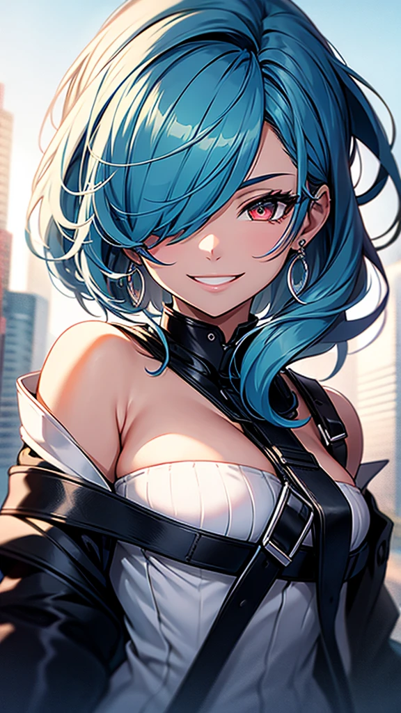 High resolution, One girl, chest, Blue Hair/Light blue hair, Cowboy Shot, Big chest, Red eyes, Big chest, Earrings, smile, smiling, 8k octane, High resolution, masterpiece, High detail, High-resolution model, high quality, Textured skin, Action Painting, Crystal Earrings, Smiling with teeth showing, One-eye eye mask, 